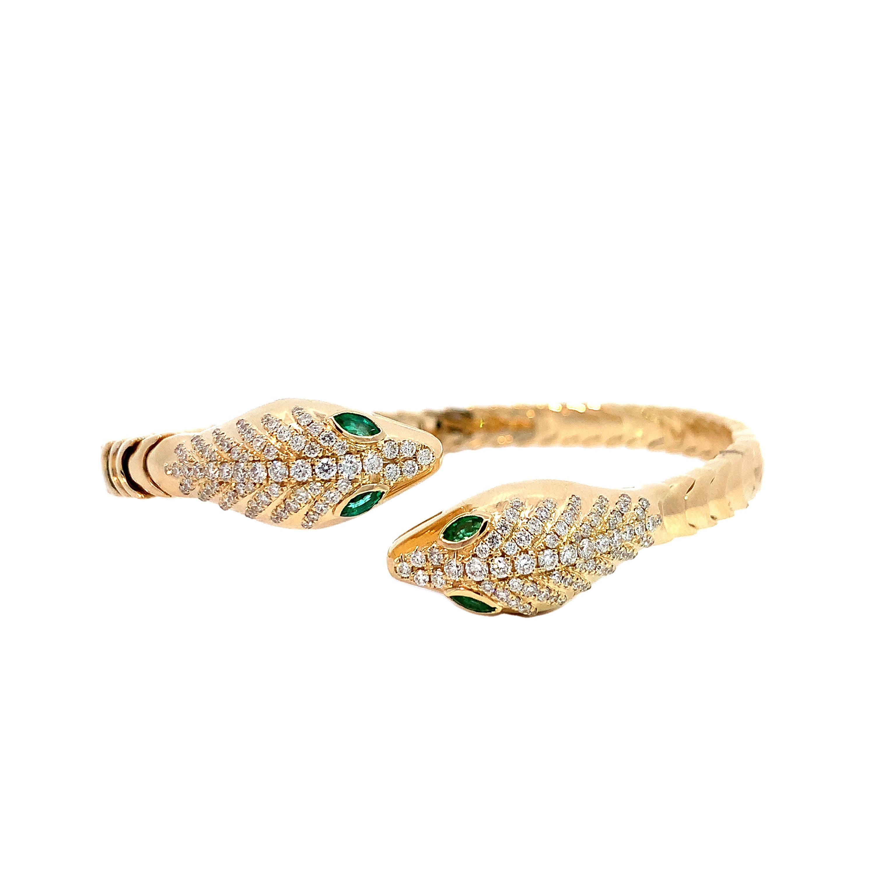 Yellow Gold Bangle Bracelet with Diamond, Emerald Stones