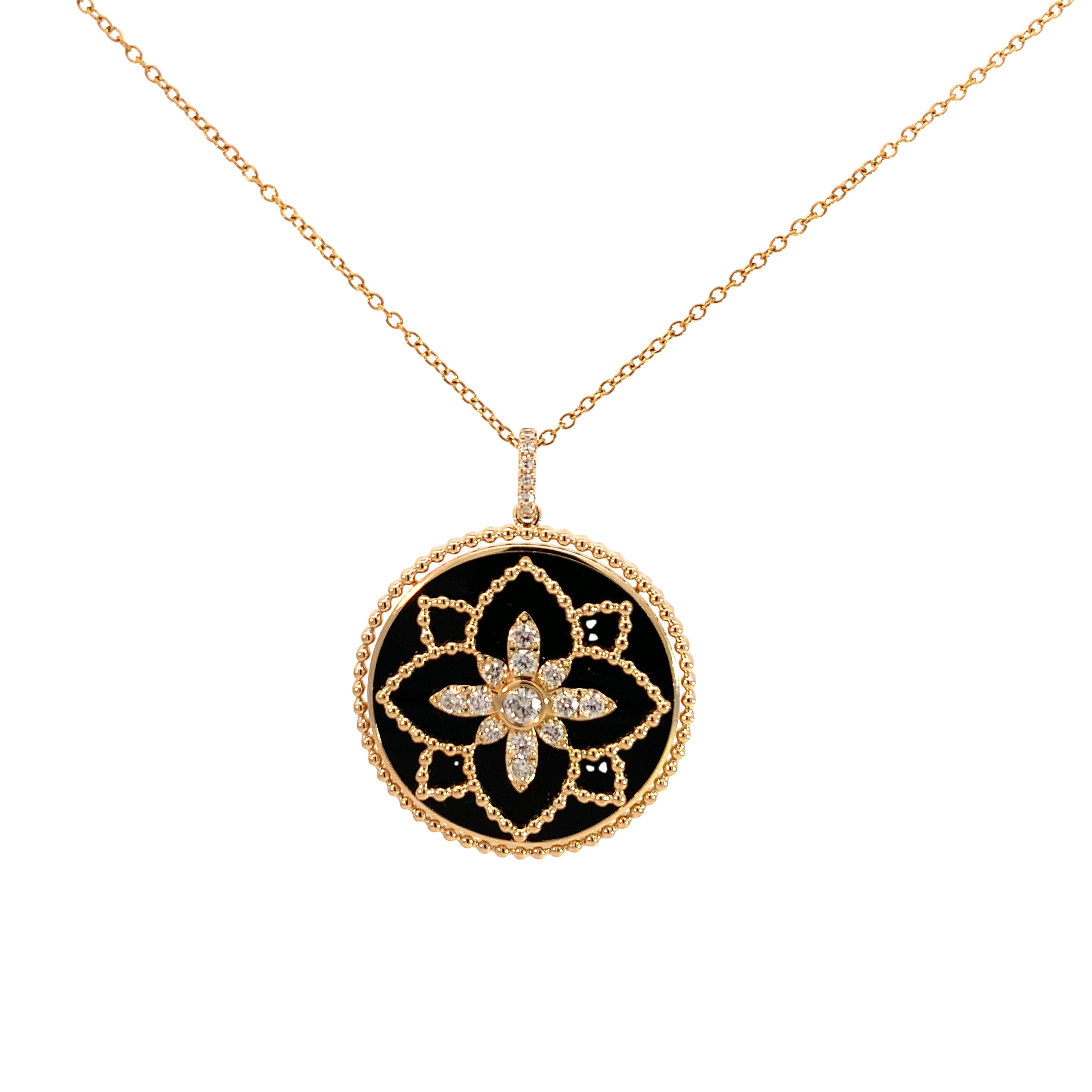 Yellow Gold Pendant Necklace with Diamond, Onyx Stones