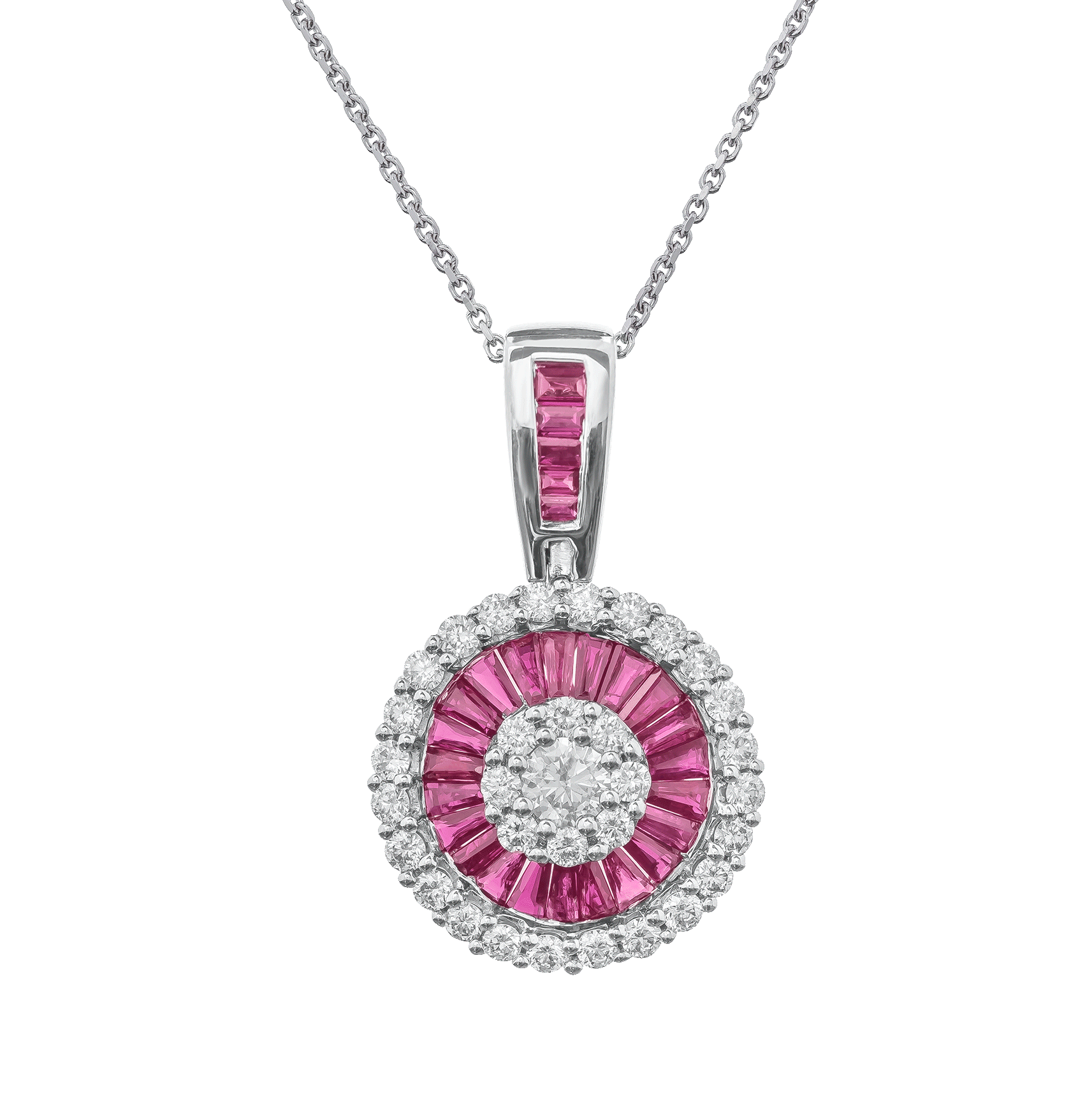 White Gold Pendant Necklace with Diamond, Ruby Stones