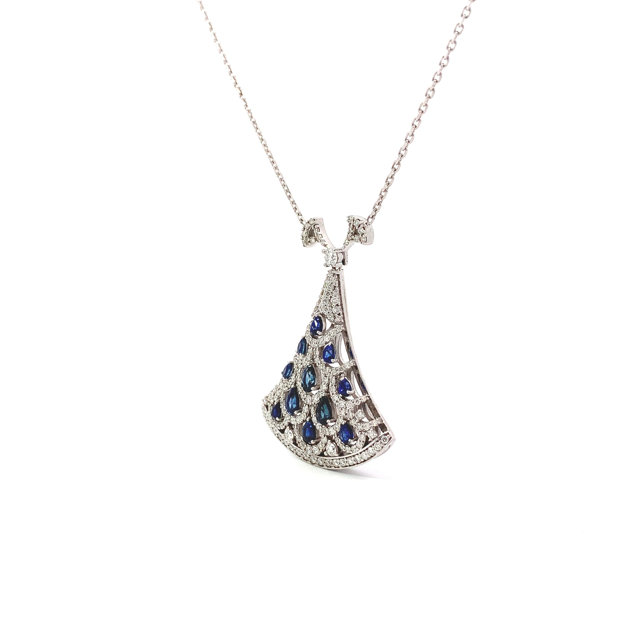 White Gold Pendant Necklace with Diamond, Sapphire Stones