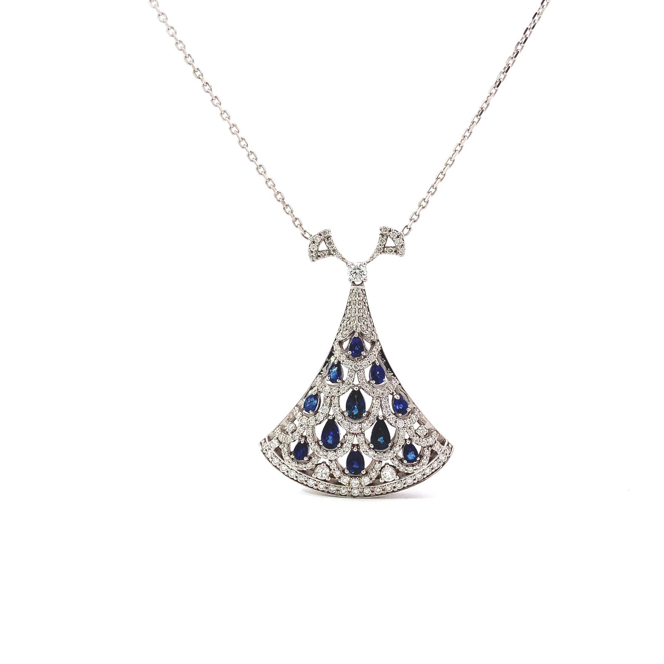 White Gold Pendant Necklace with Diamond, Sapphire Stones