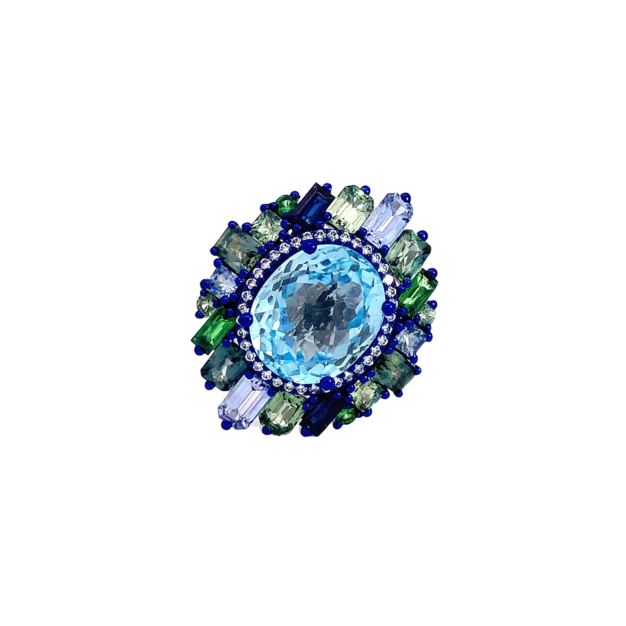 BLUE TOPAZ AND COLORED STONES RING