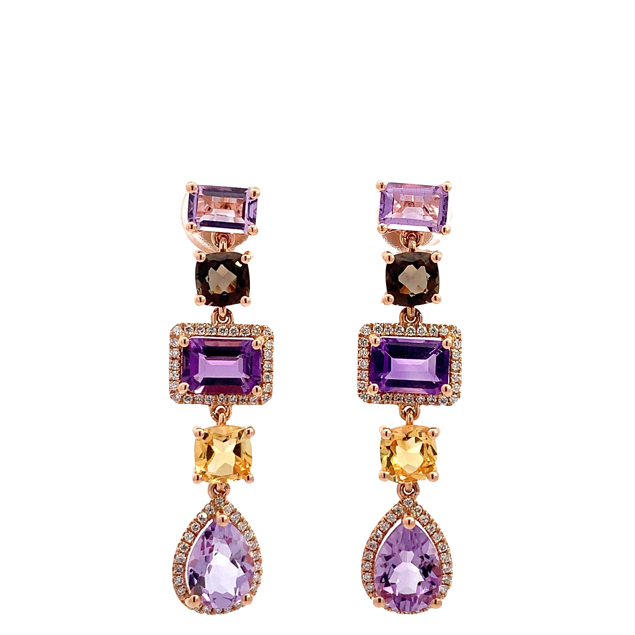 Rose Gold Drop Earrings with Amethyst, Citrine, Diamond Stones