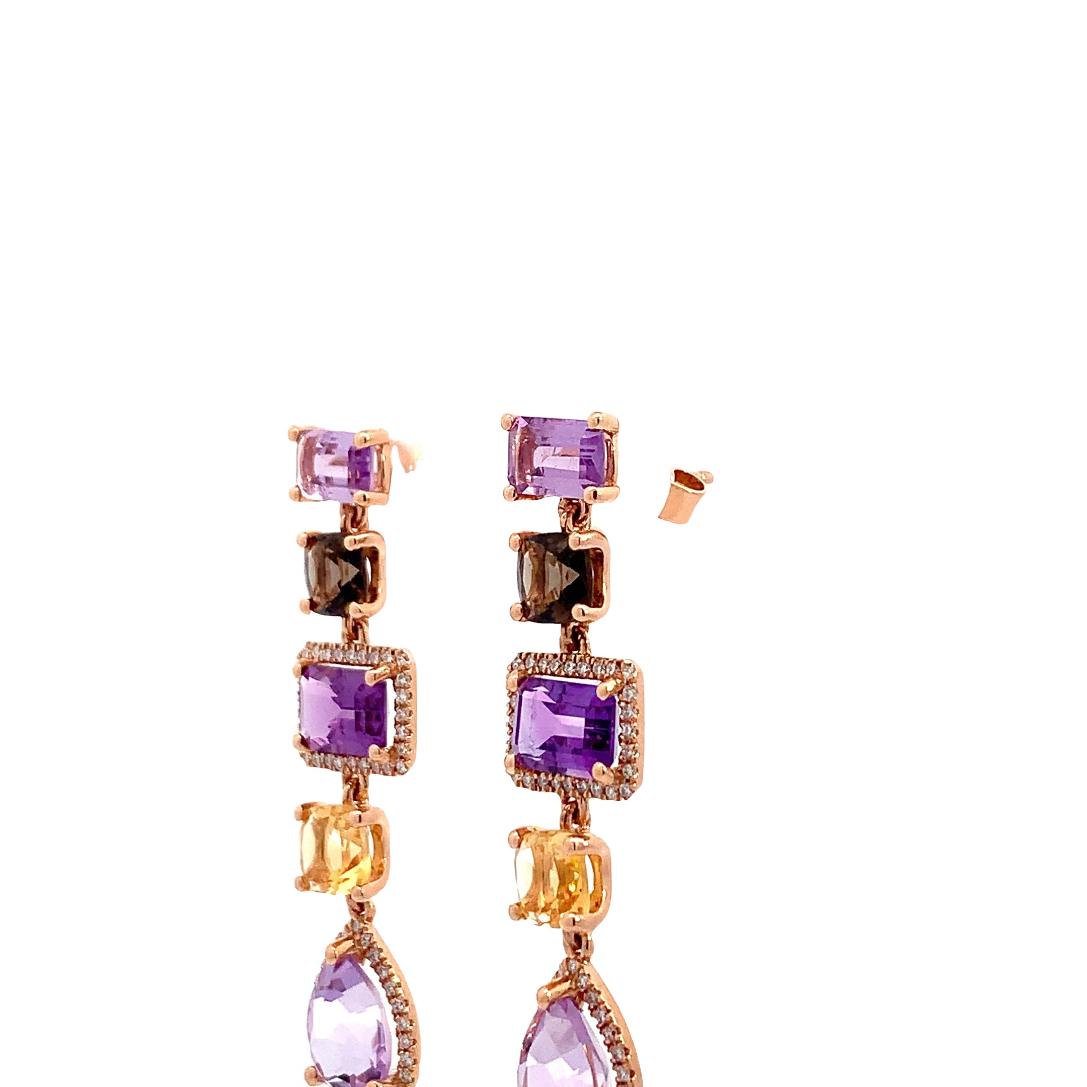 Rose Gold Drop Earrings with Amethyst, Citrine, Diamond Stones