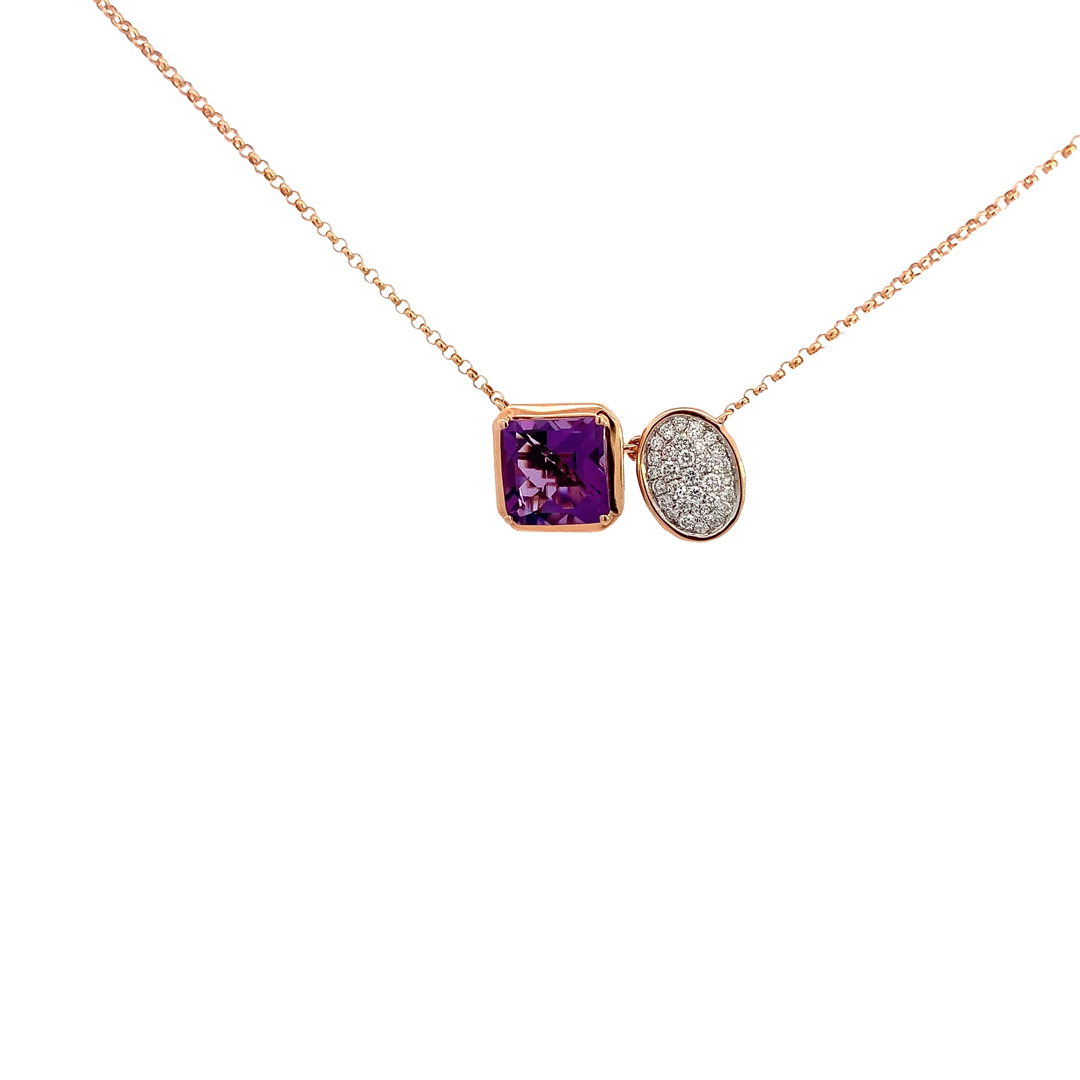 Rose Gold Pendant Necklace with Amethyst, Diamond Stones