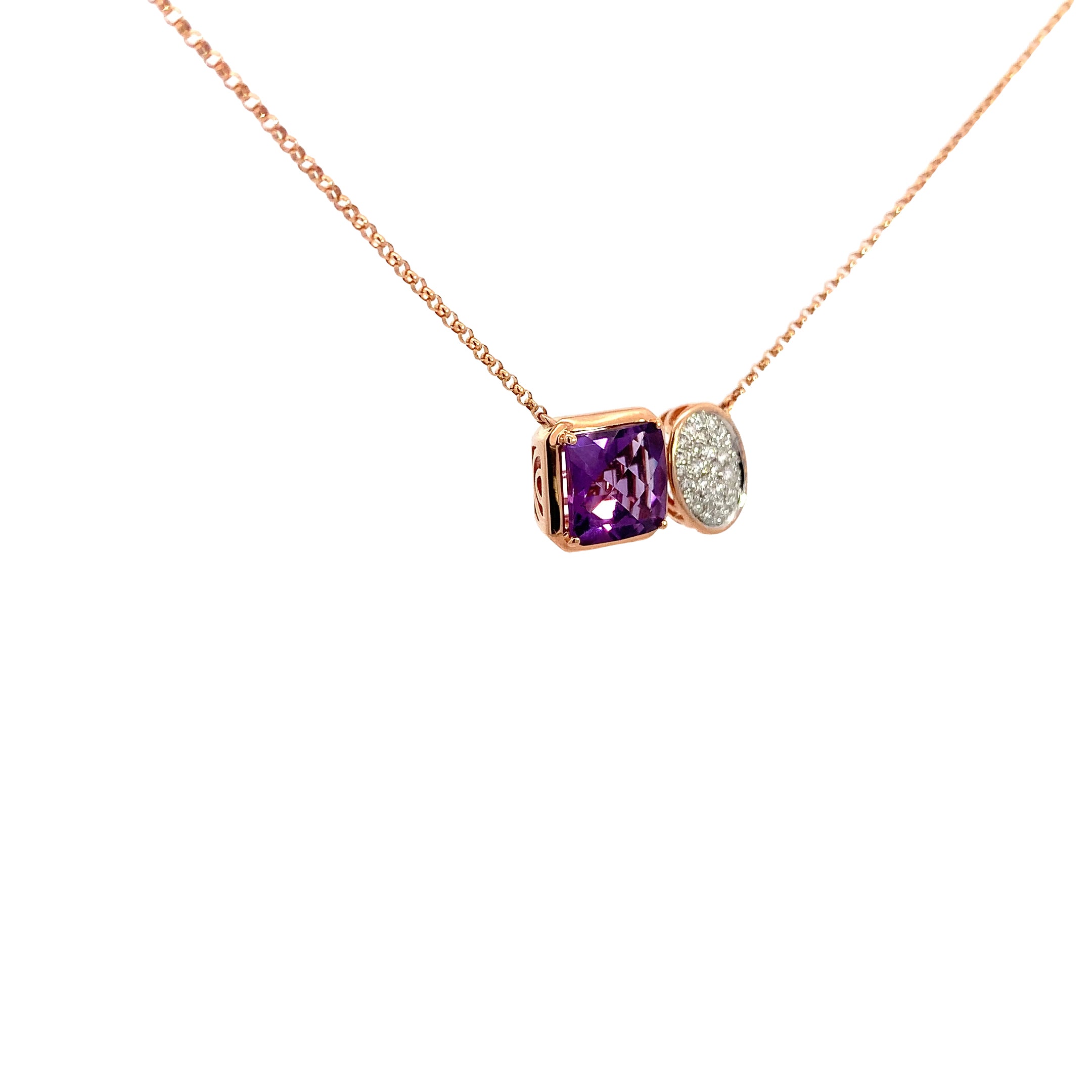 Rose Gold Pendant Necklace with Amethyst, Diamond Stones