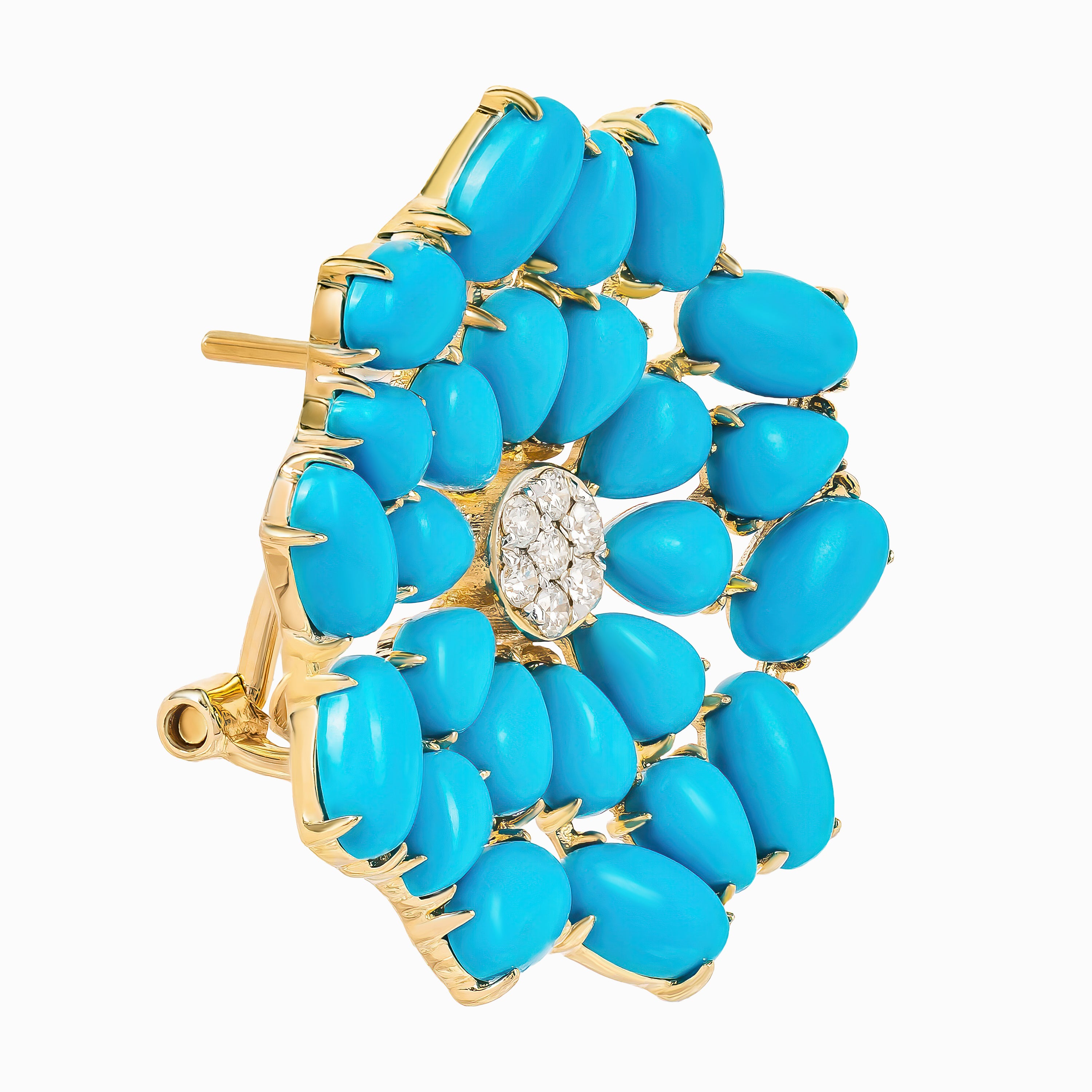 Yellow Gold Stud Earrings with Diamond, Turquoise Stones