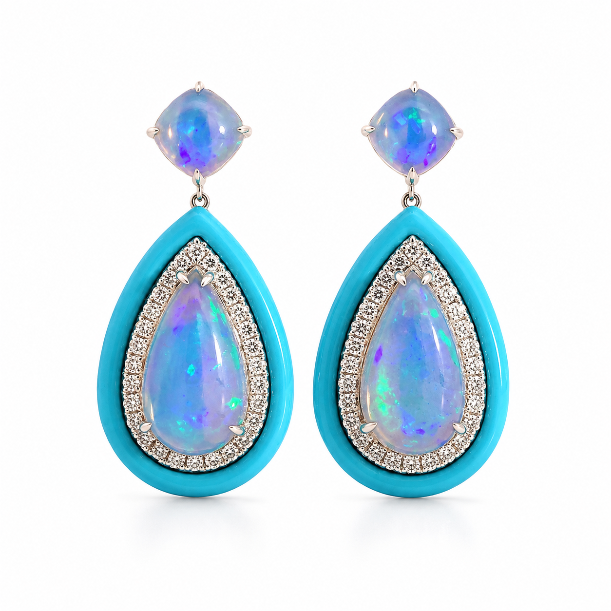 White Gold Opal Turquoise and Diamond Earrings