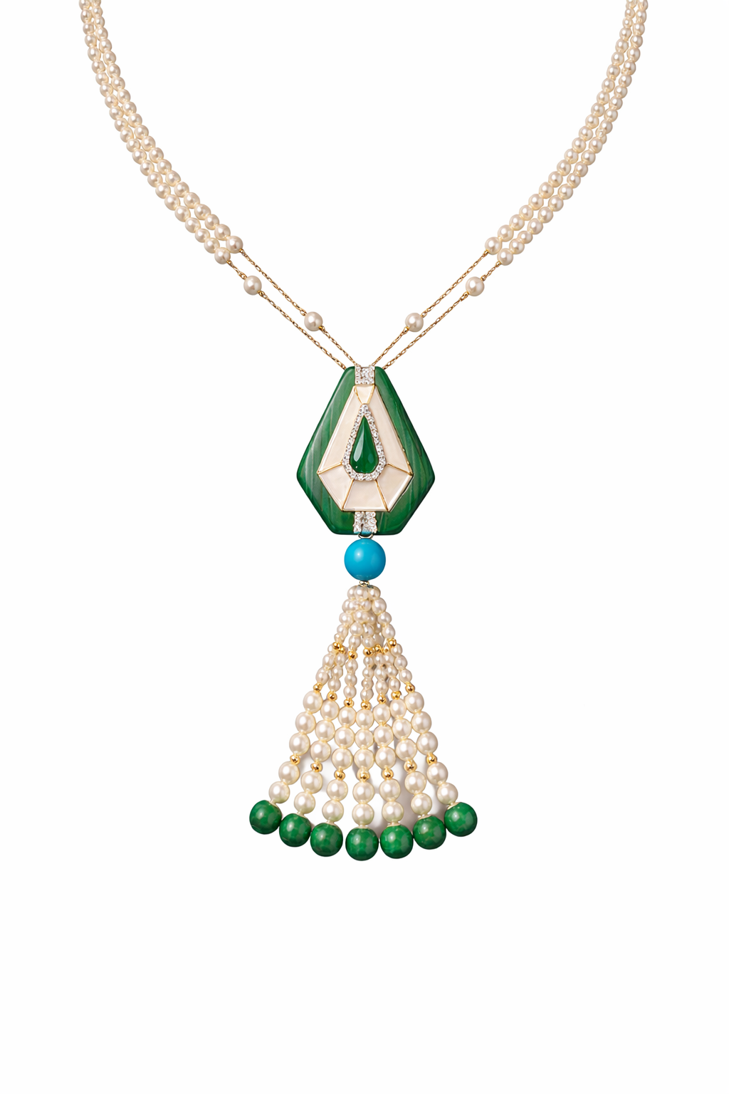 Malachite, Turquoise, Mother of pearl and Diamond Necklace