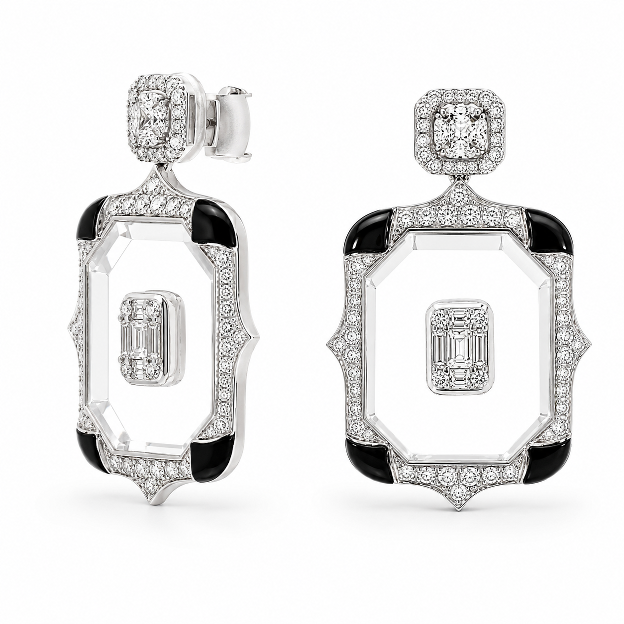 White Gold Diamond Cristal and Onix Earrings