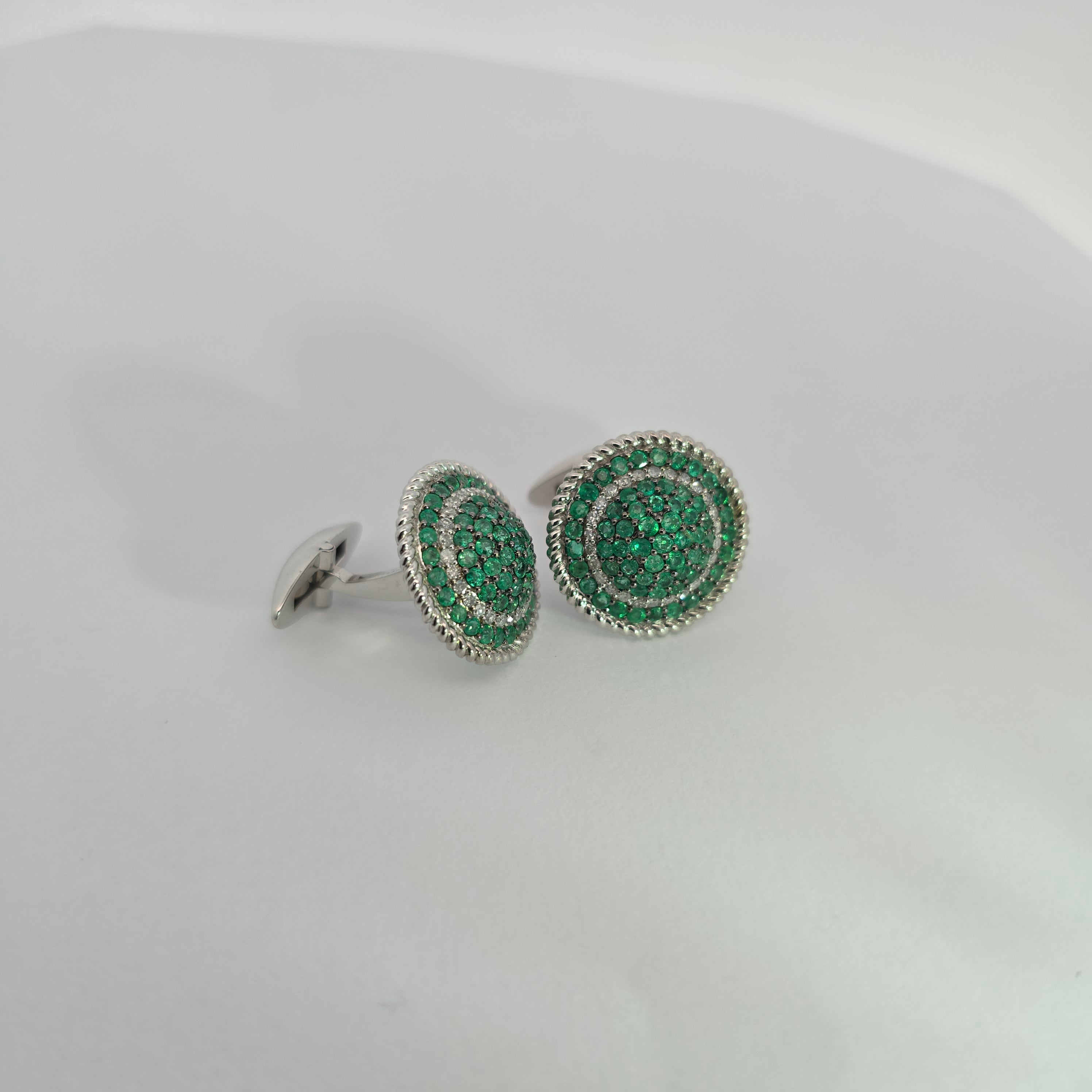 White Gold  Cufflinks With Diamond, Emerald Stones
