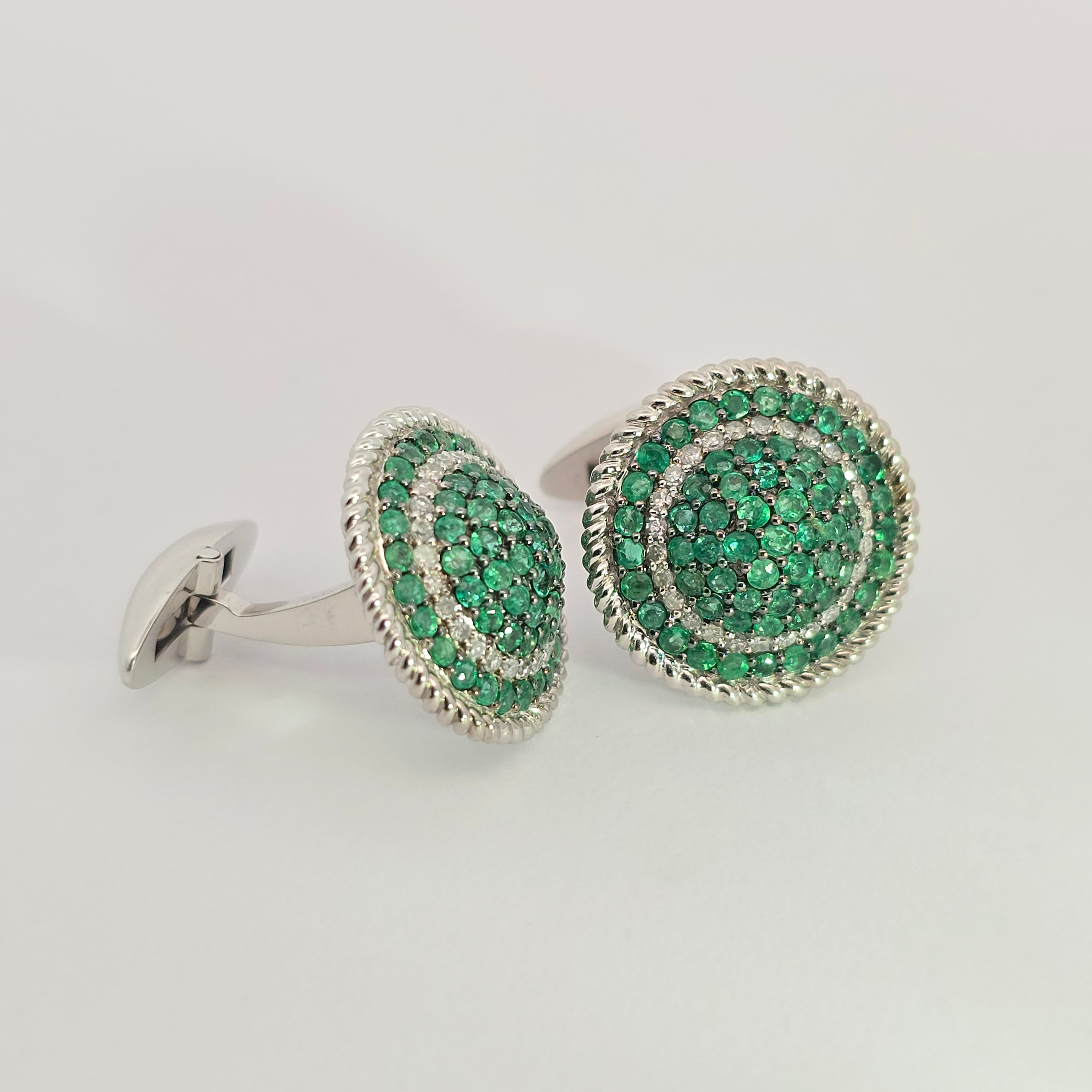 White Gold  Cufflinks With Diamond, Emerald Stones