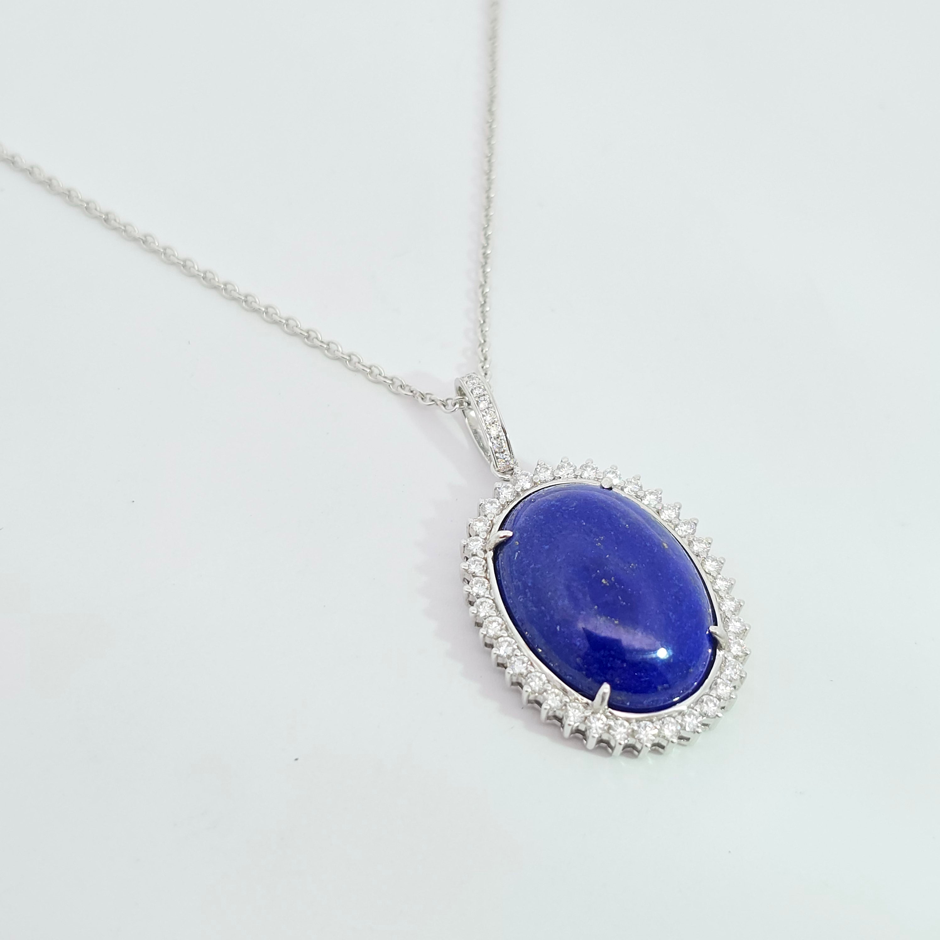 White Gold Pendant Necklace With Lapis, Diamond Stones