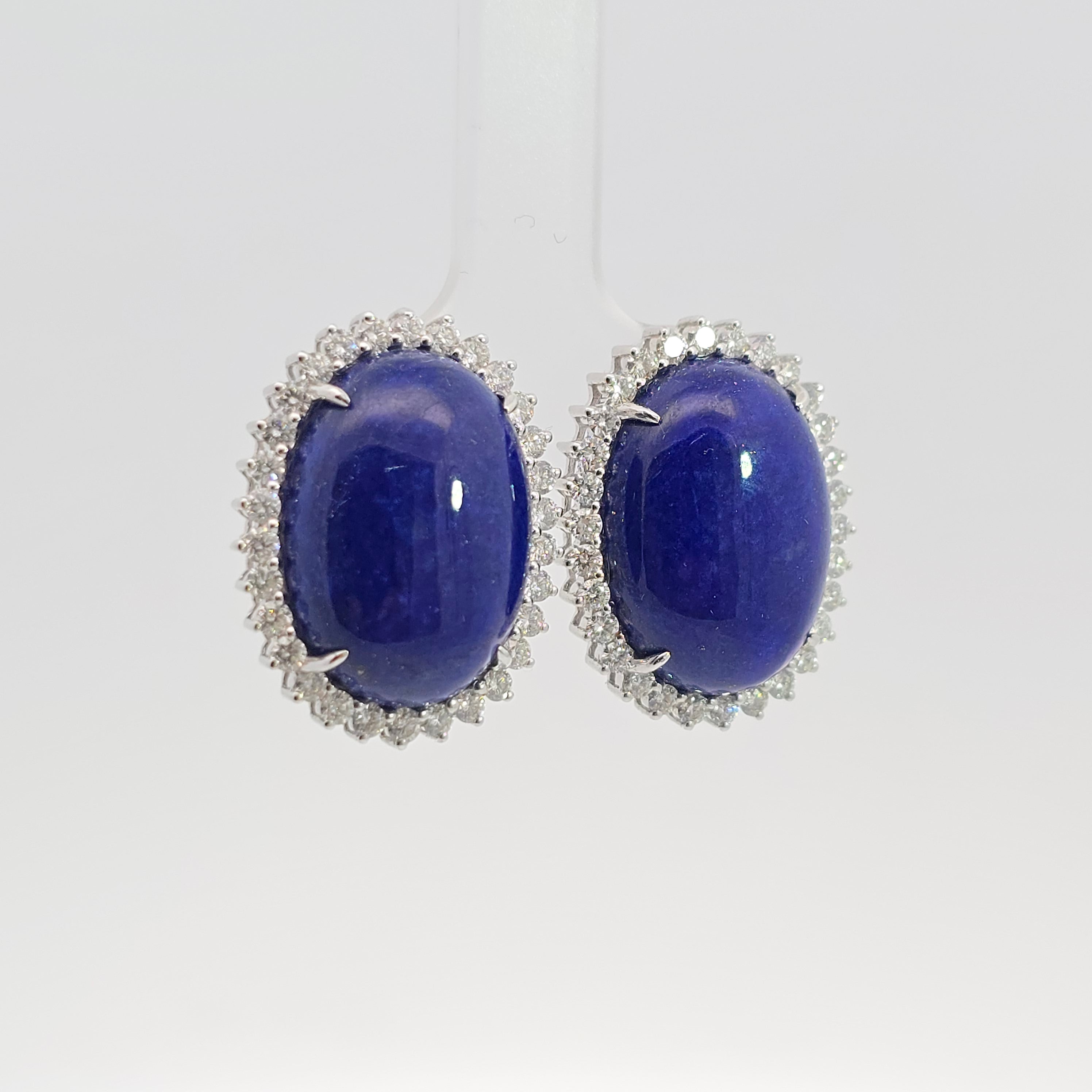 White Gold Stud Earrings With Lapis, Diamond Stones