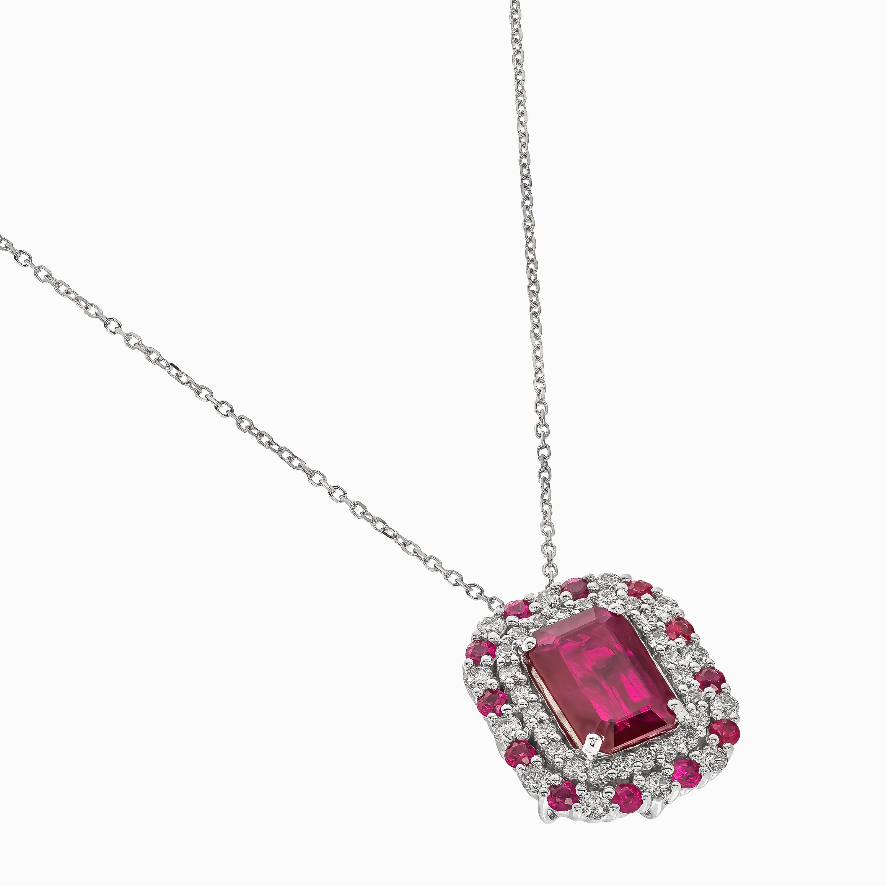 White Gold Pendant Necklace with Diamond, Ruby Stones