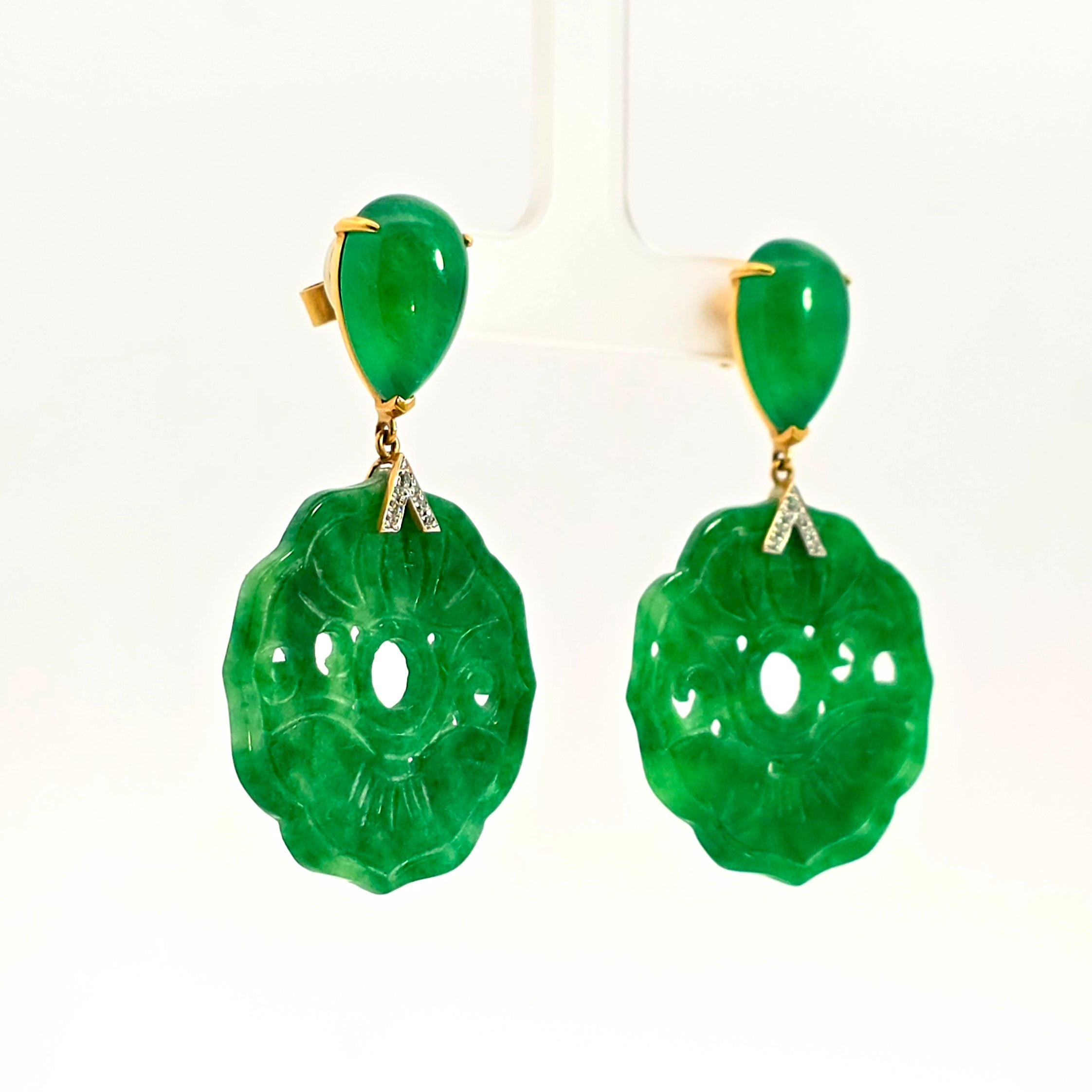 Yellow Gold Drop Earrings With Jade, Diamond Stones