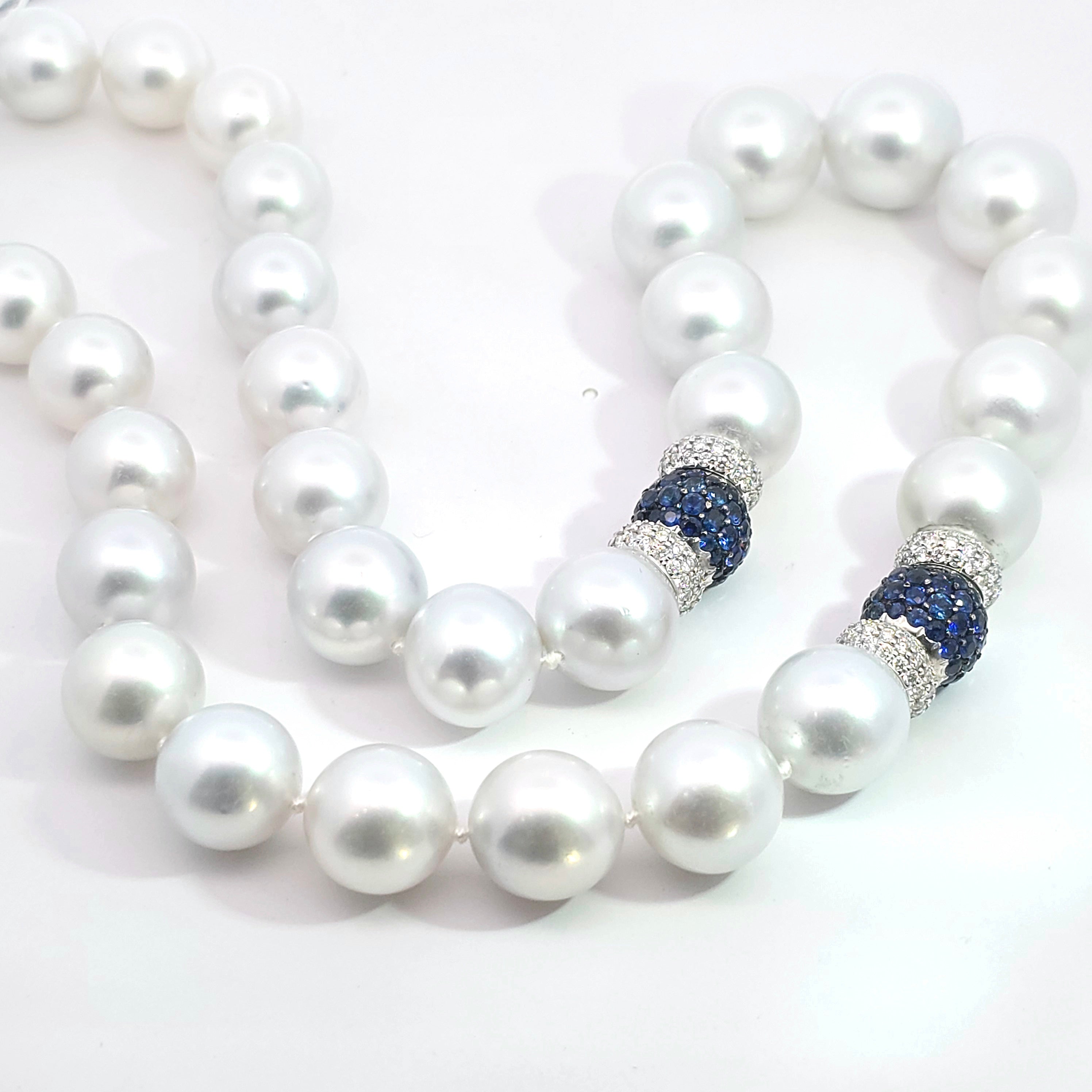 White Gold Bead Necklace With Pearl, Diamond, Sapphire Stones
