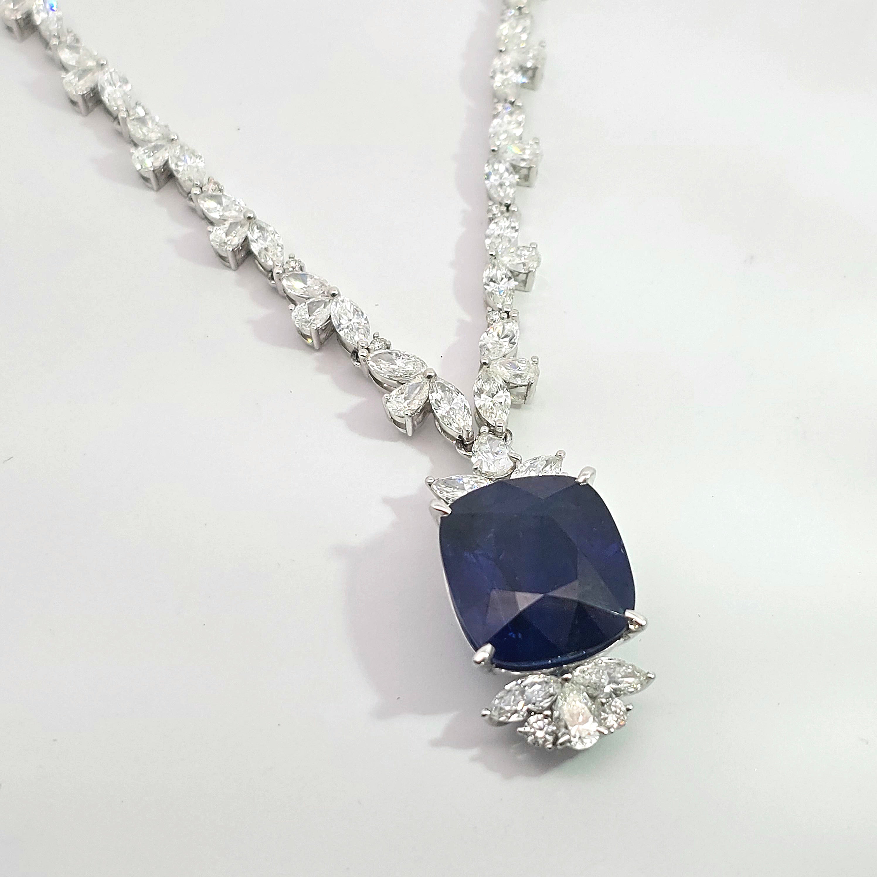 White Gold Y-Shape Necklace With Diamond, Sapphire Stones