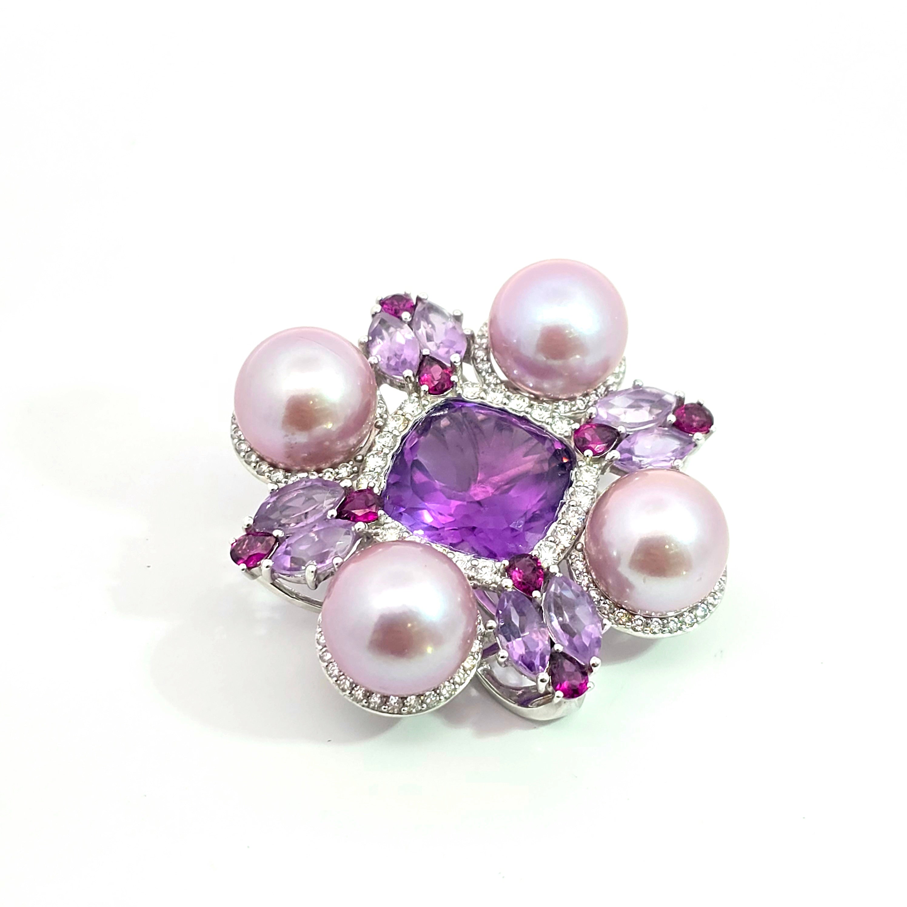 White Gold Gemstone Y-Shape Brooch With Diamond, Amethyst, Rhodolite, Pearl Stones