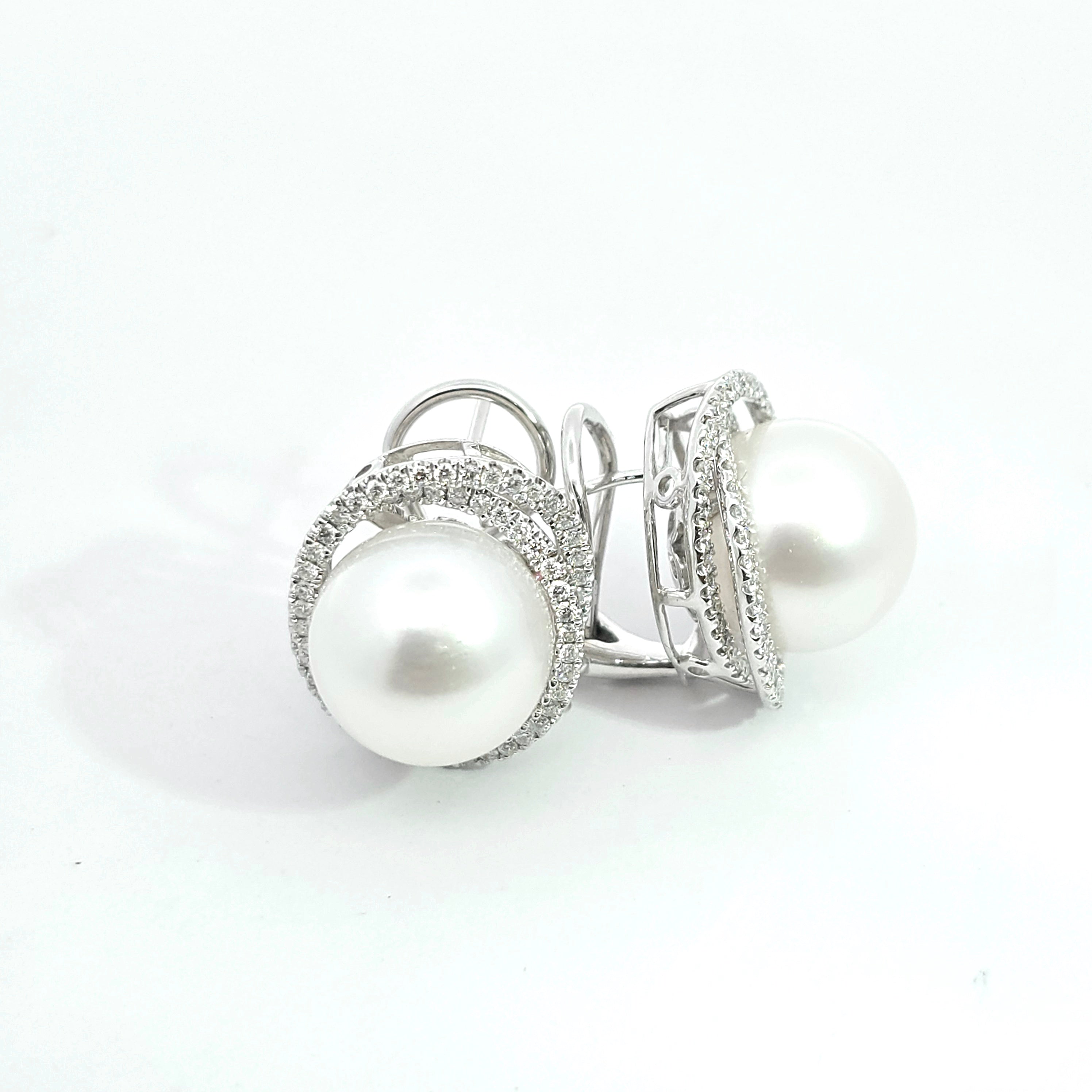 White Gold Bead Earrings With Pearl, Diamond Stones
