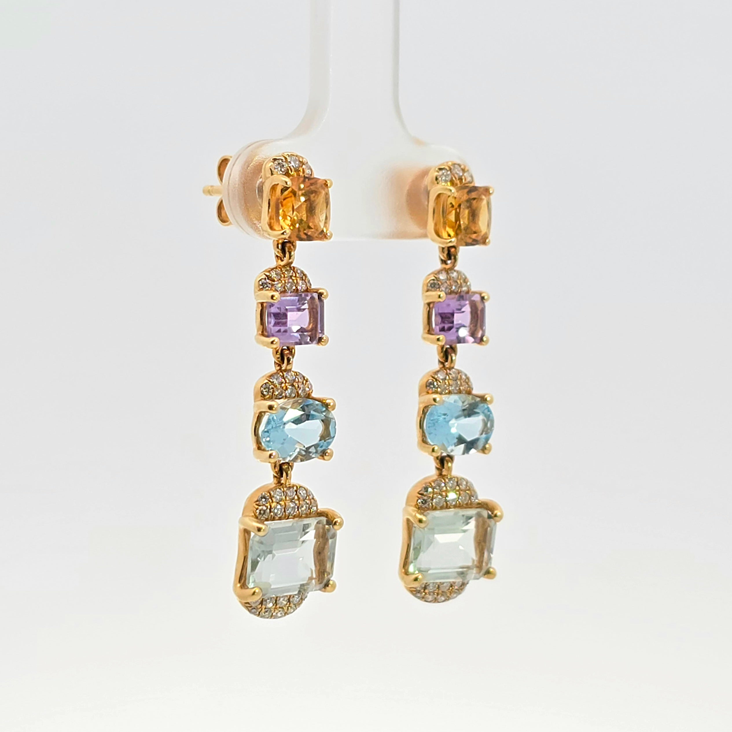 Yellow Gold Drop Earrings With Diamond, Citrine, Amethyst, Aquamarine, Garnet Stones