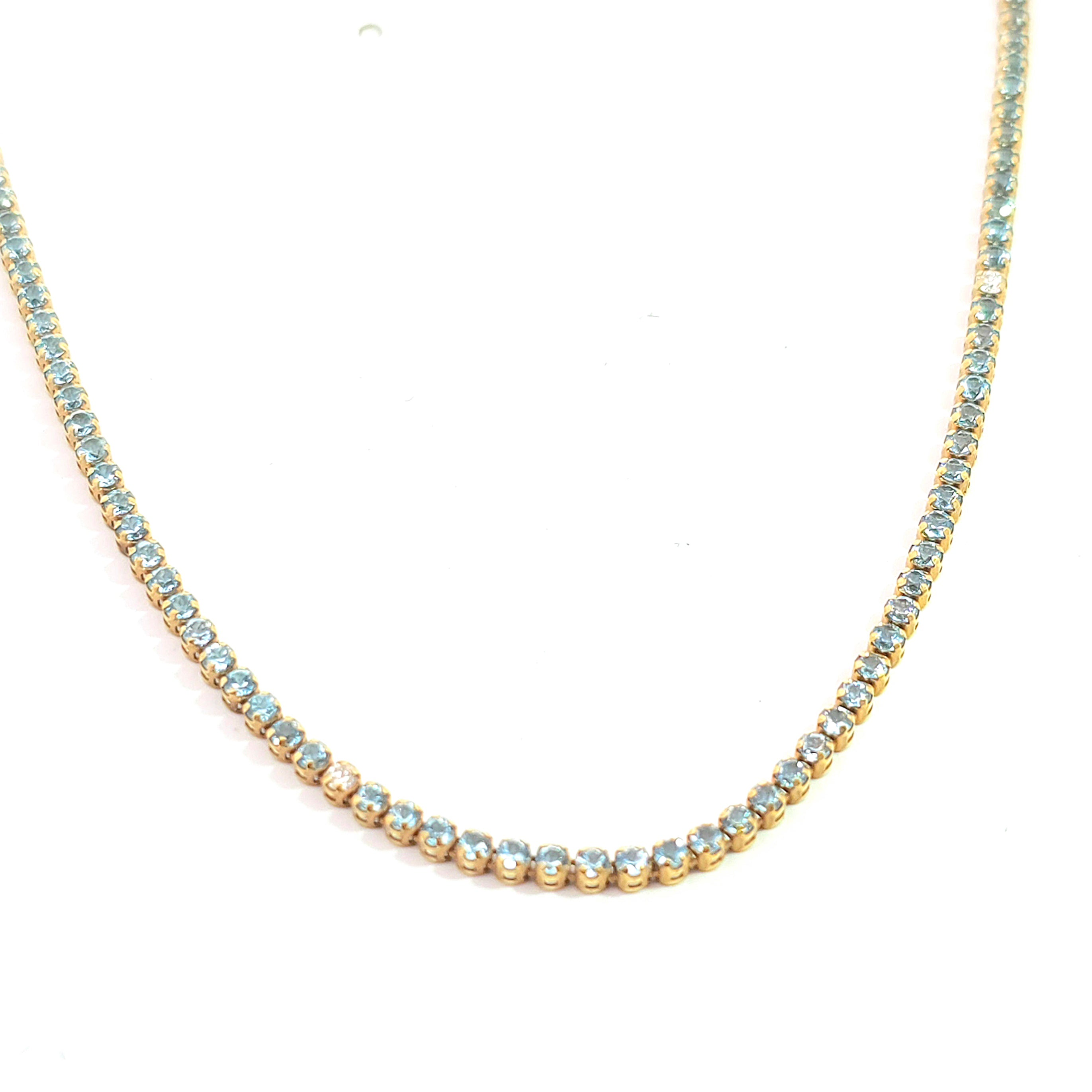 Yellow Gold Tennis Necklace With Aquamarine Stones