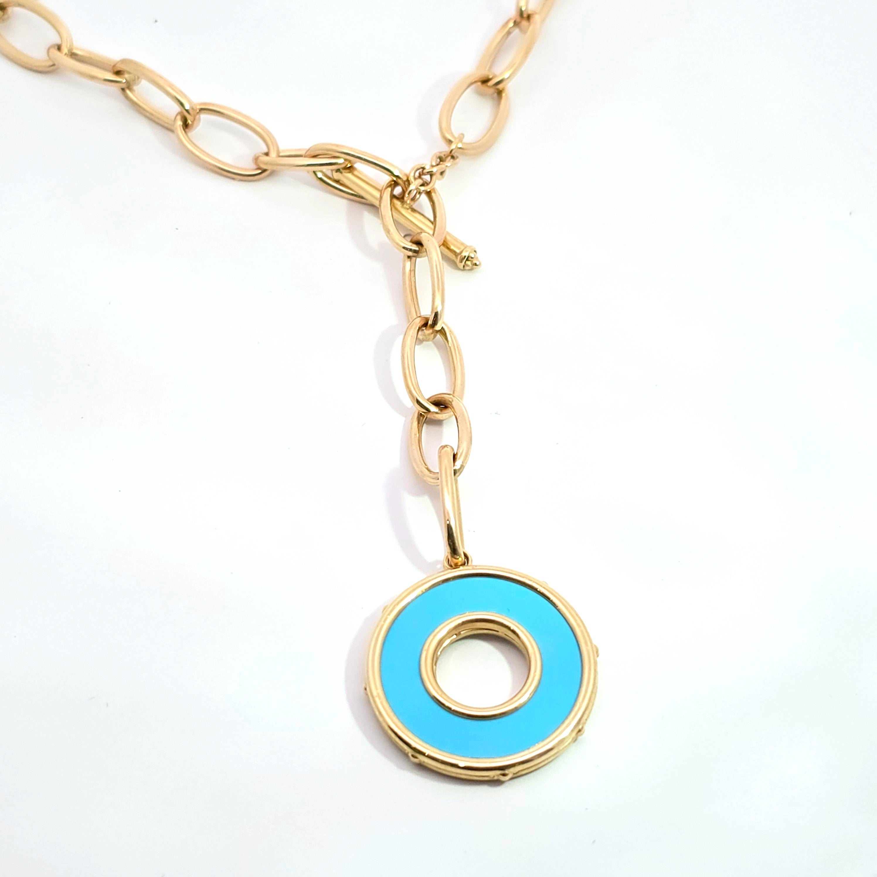 YELLOW GOLD Y-SHAPE PENDANT WITH ENAMEL STONES
