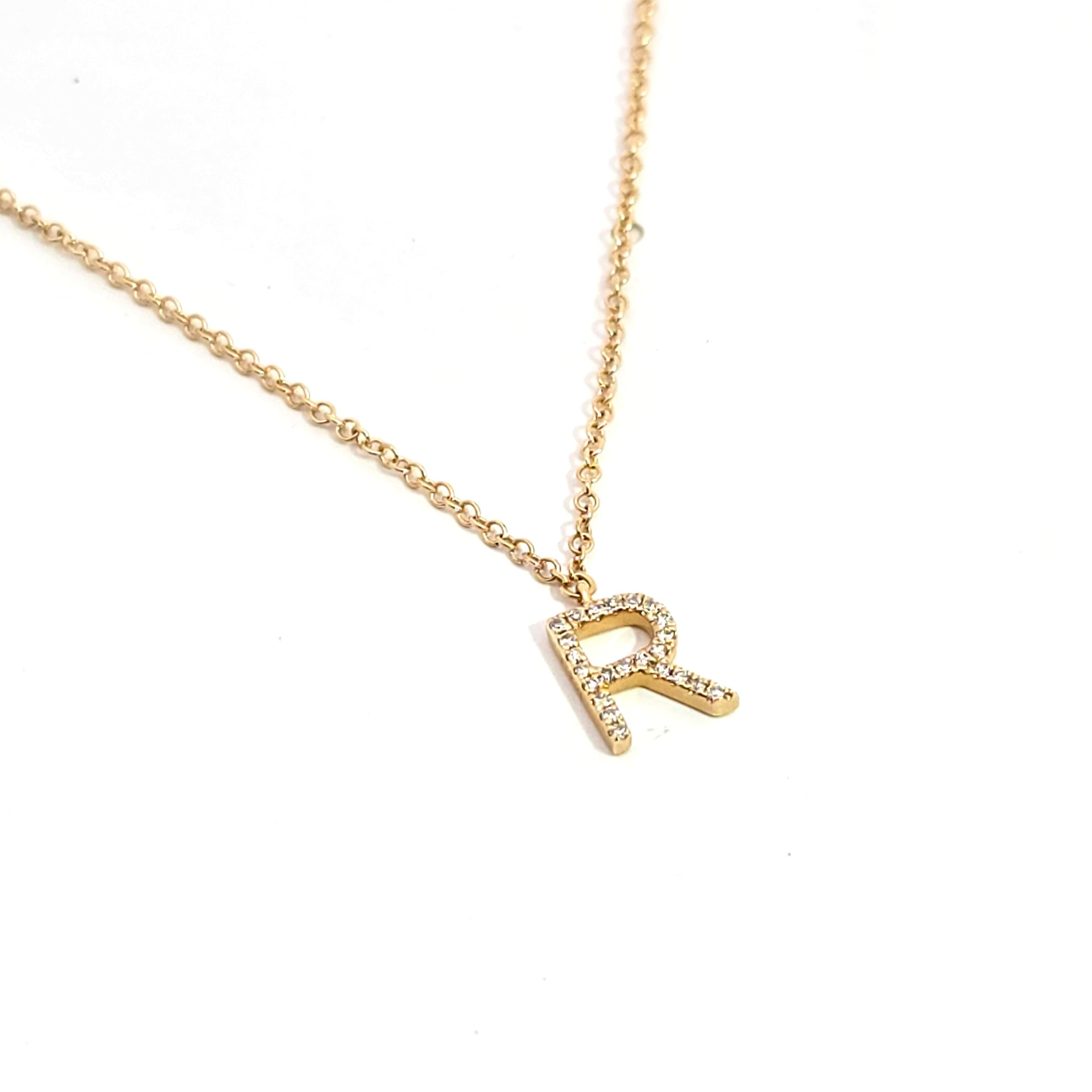 Yellow Gold Pendant Chain Initial Necklace With Diamond Stones