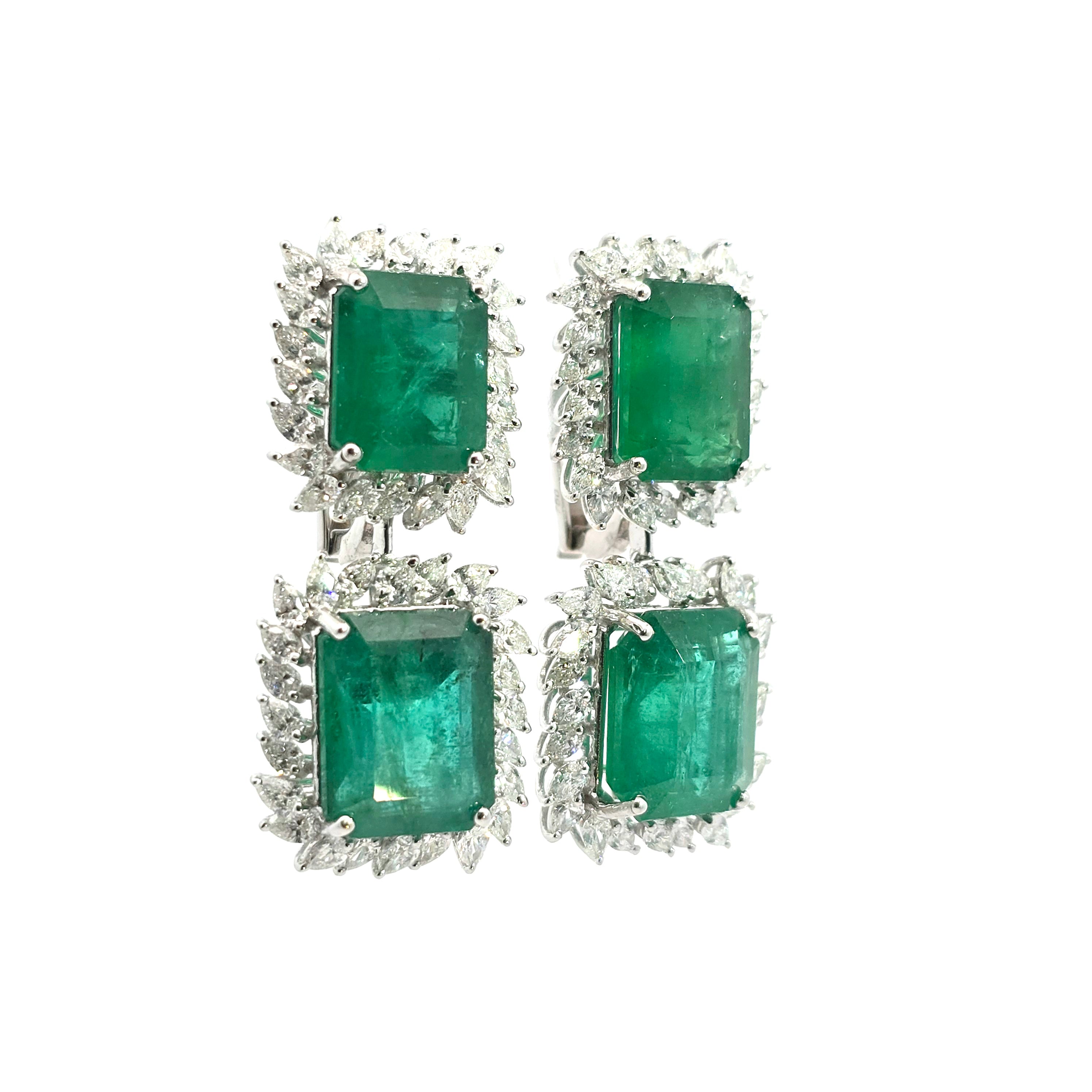 WHITE GOLD DROP EARRINGS WITH EMERALD, DIAMOND STONES