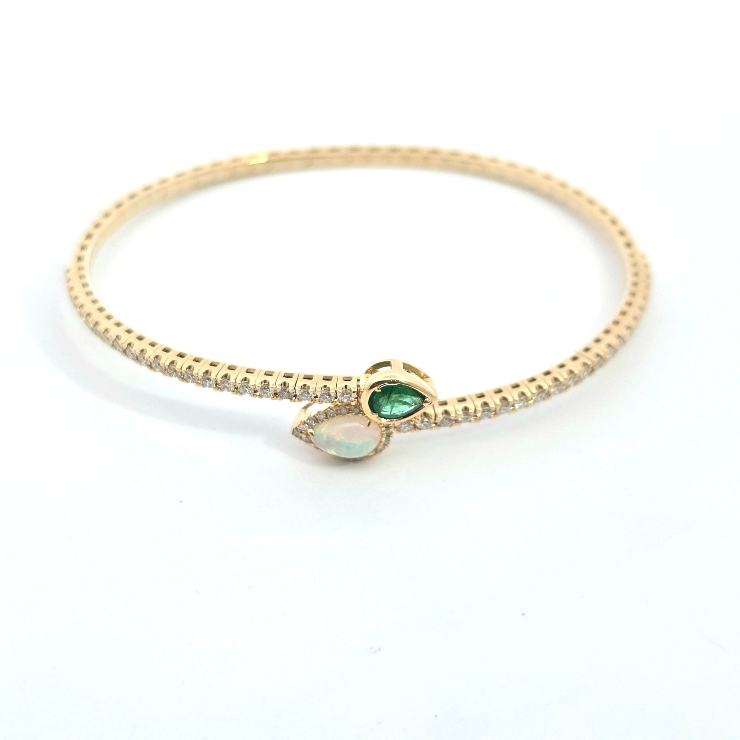 YELLOW GOLD BANGLE BRACELET WITH OPAL, EMERALD, DIAMOND STONES