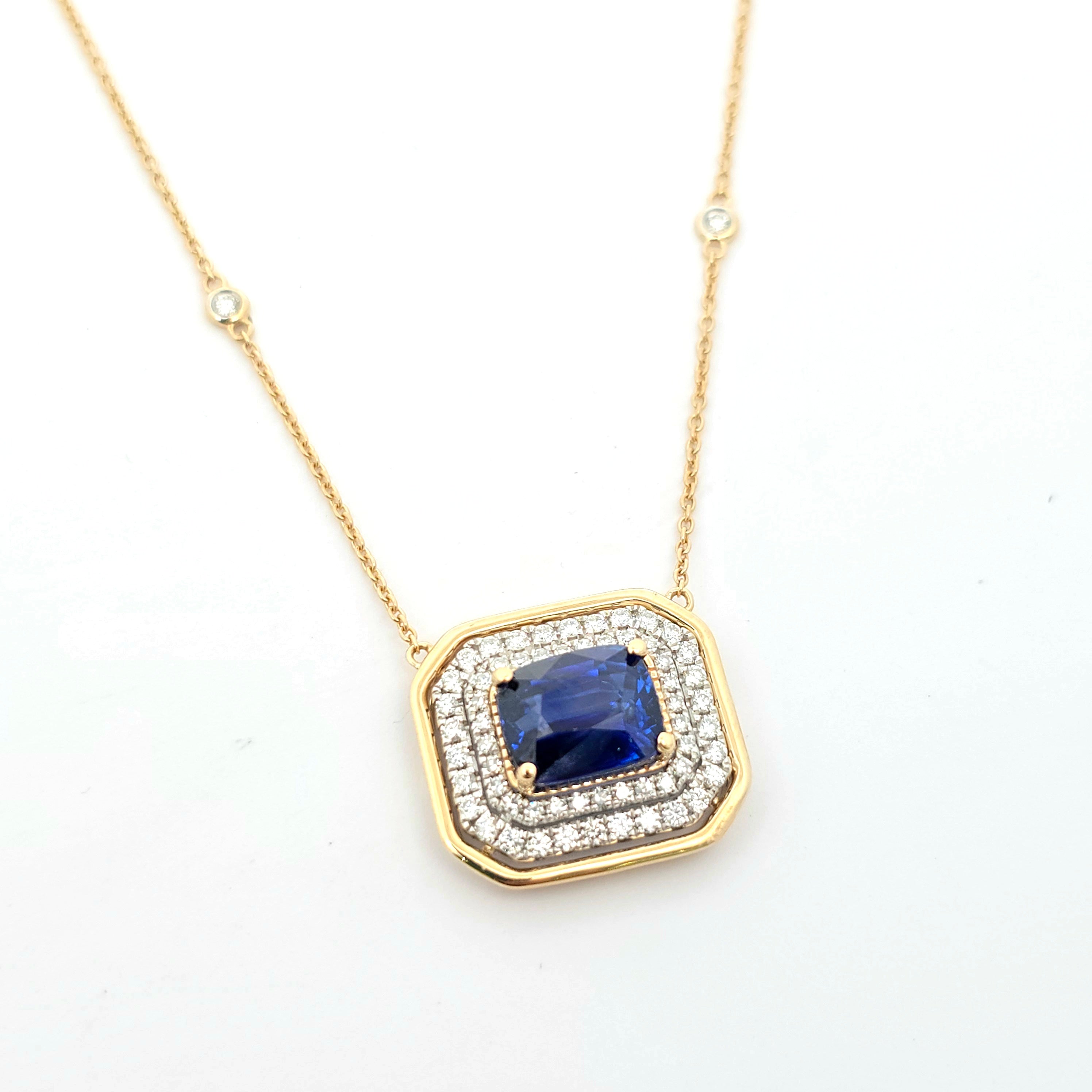 YELLOW GOLD PENDANT NECKLACE WITH DIAMOND, SAPPHIRE STONES