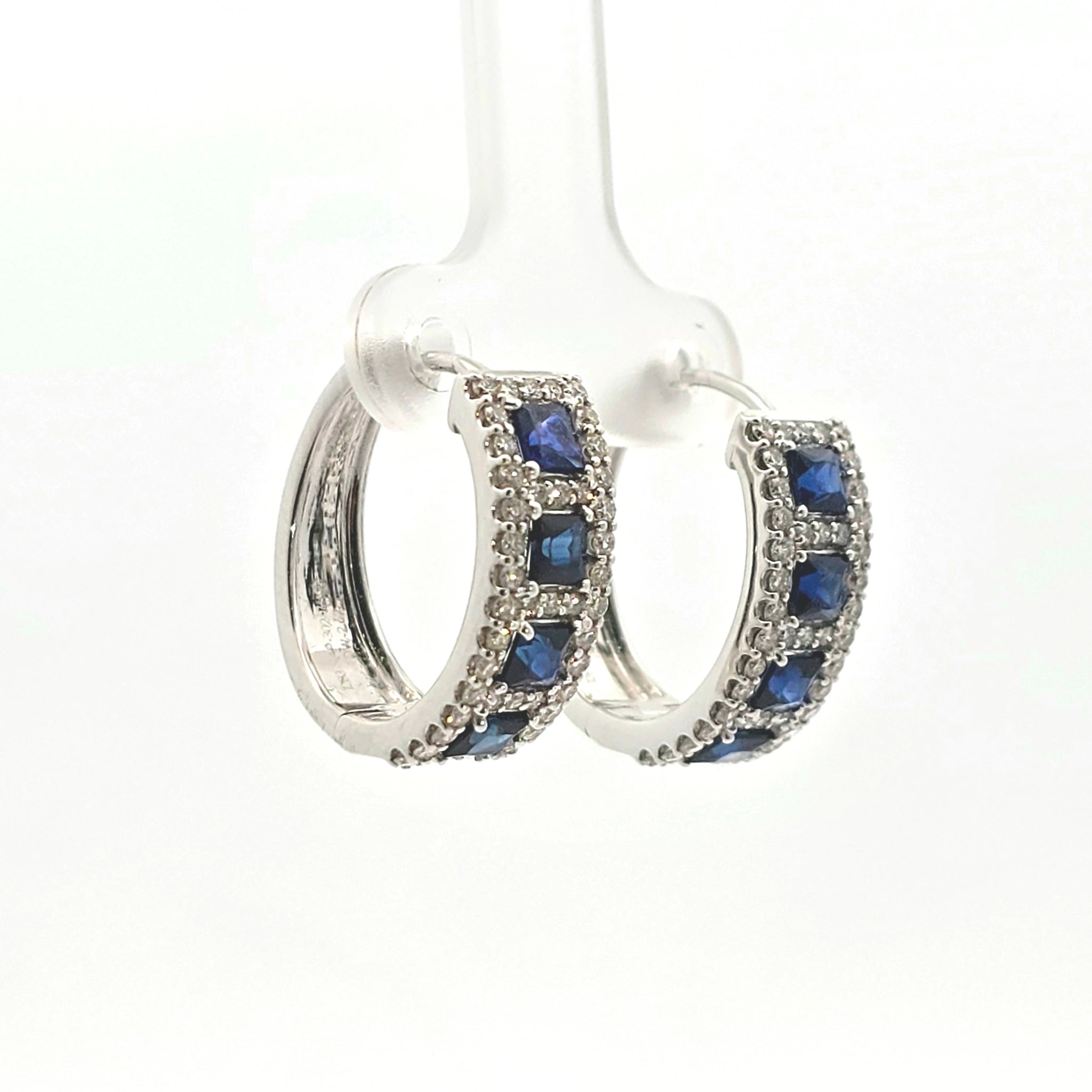 WHITE GOLD HUGGIE EARRINGS WITH DIAMOND, SAPPHIRE STONES