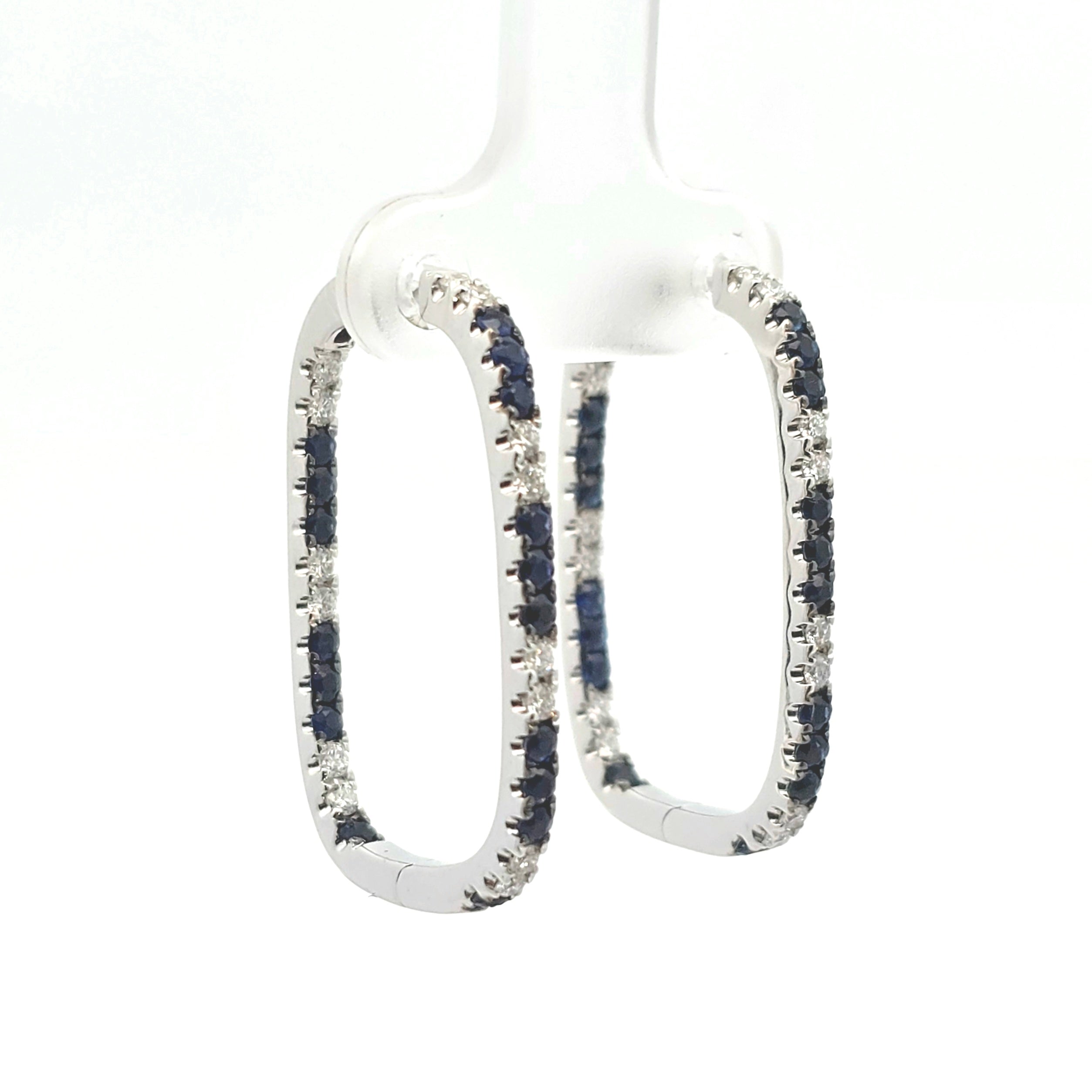 WHITE GOLD HUGGIE EARRINGS WITH DIAMOND, SAPPHIRE STONES