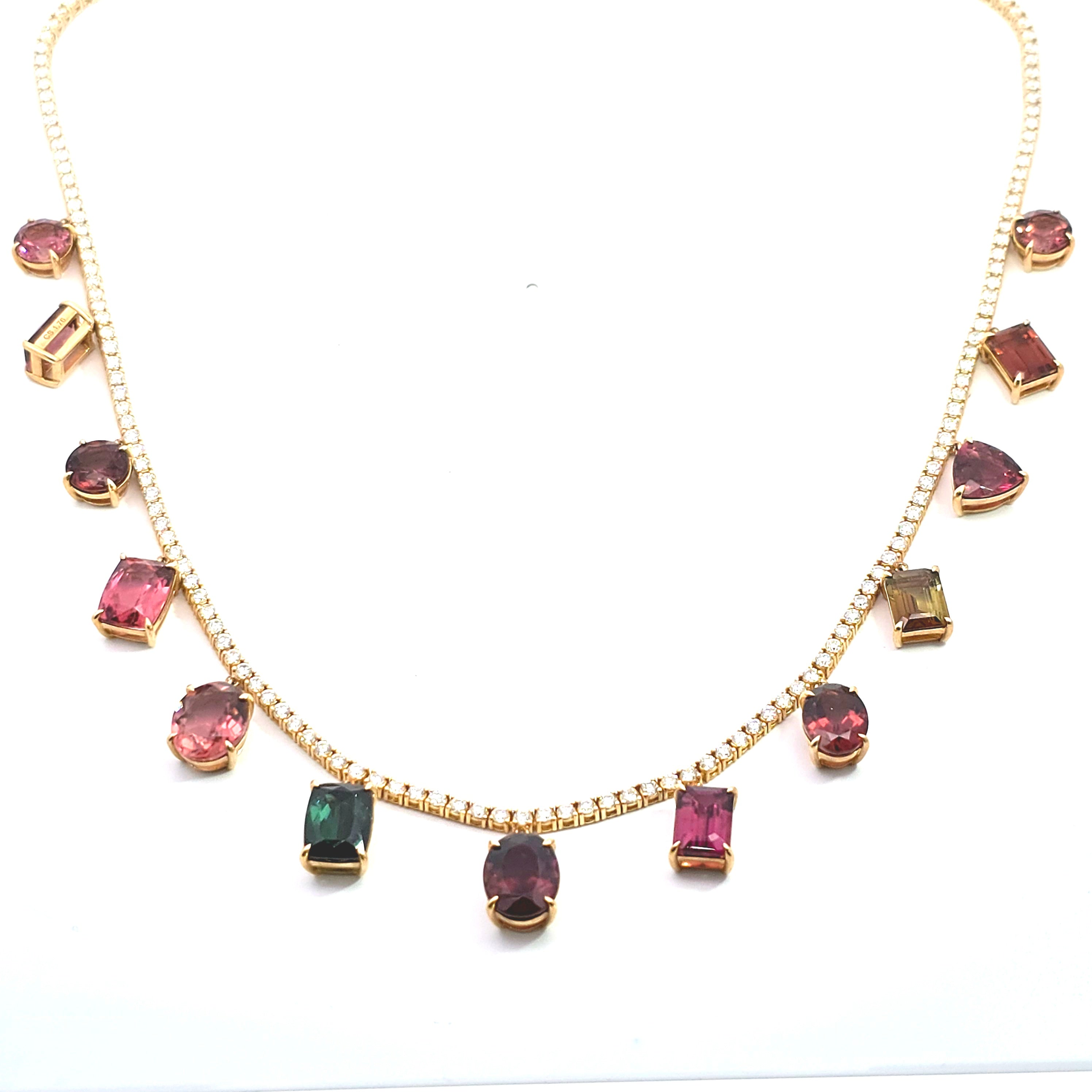 Yellow Gold Gemstone Necklace With Diamond, Tourmaline Stones