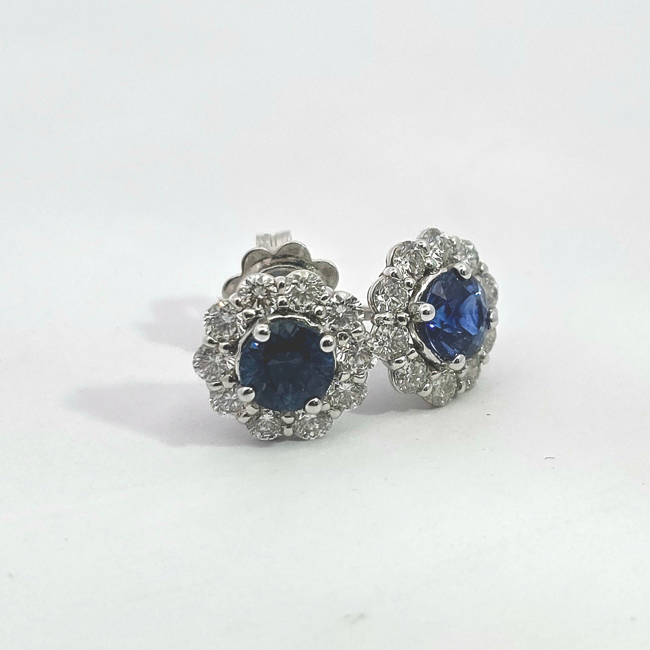 White Gold Stud Earrings With Sapphire, Diamond Stones