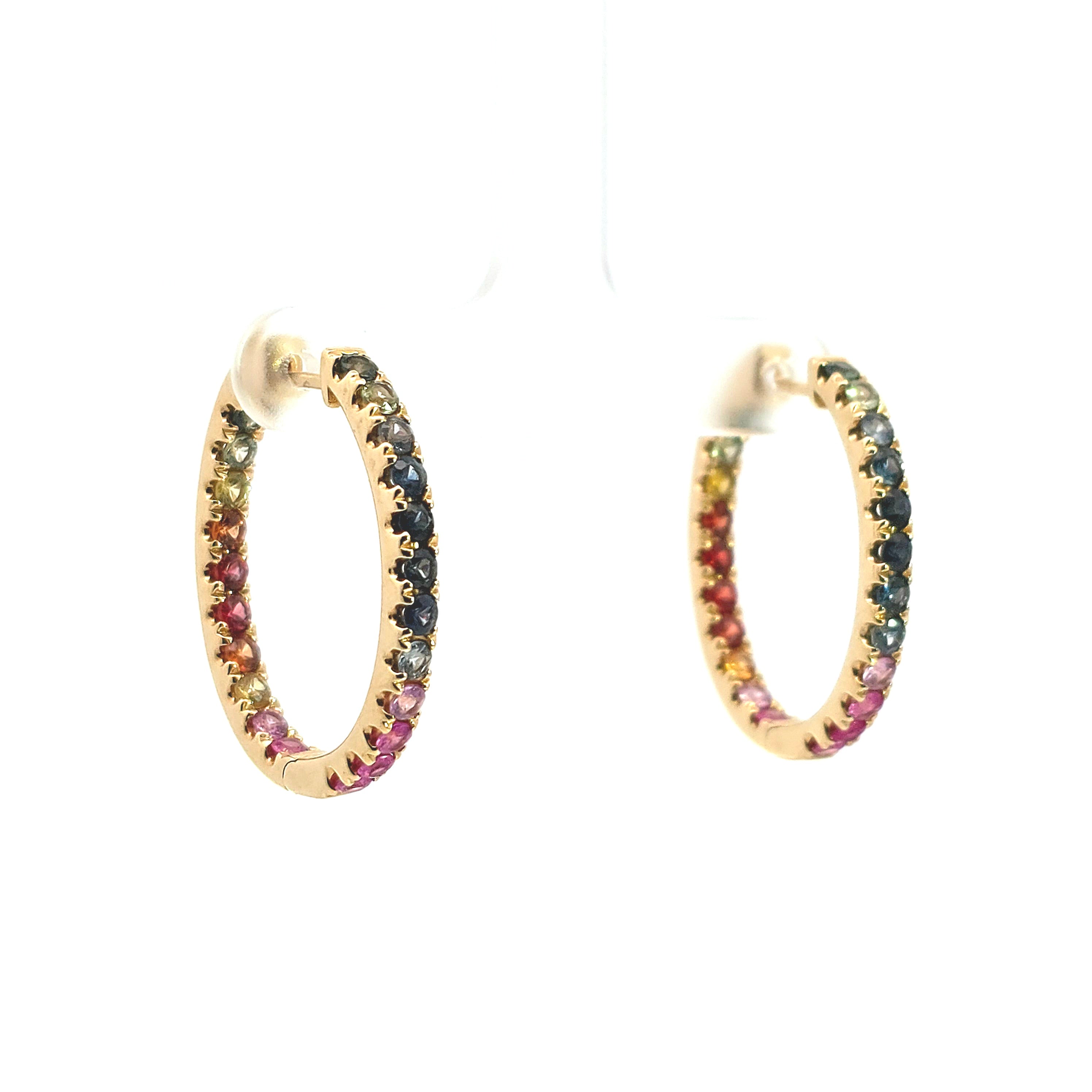 Yellow Gold Hoop Earrings With Sapphire Stones