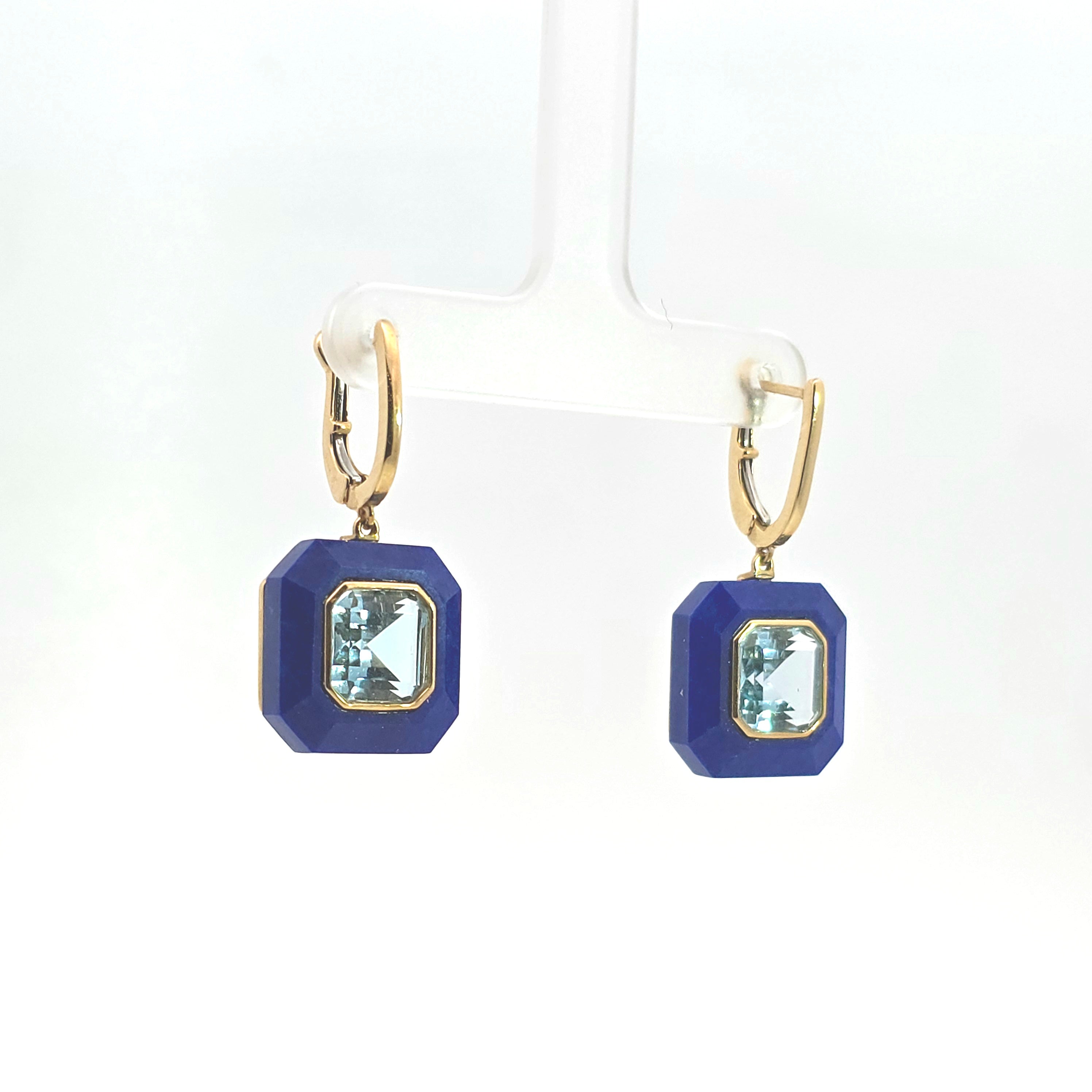 Yellow Gold Drop Earrings With Topaz, Lapis, Diamond Stones