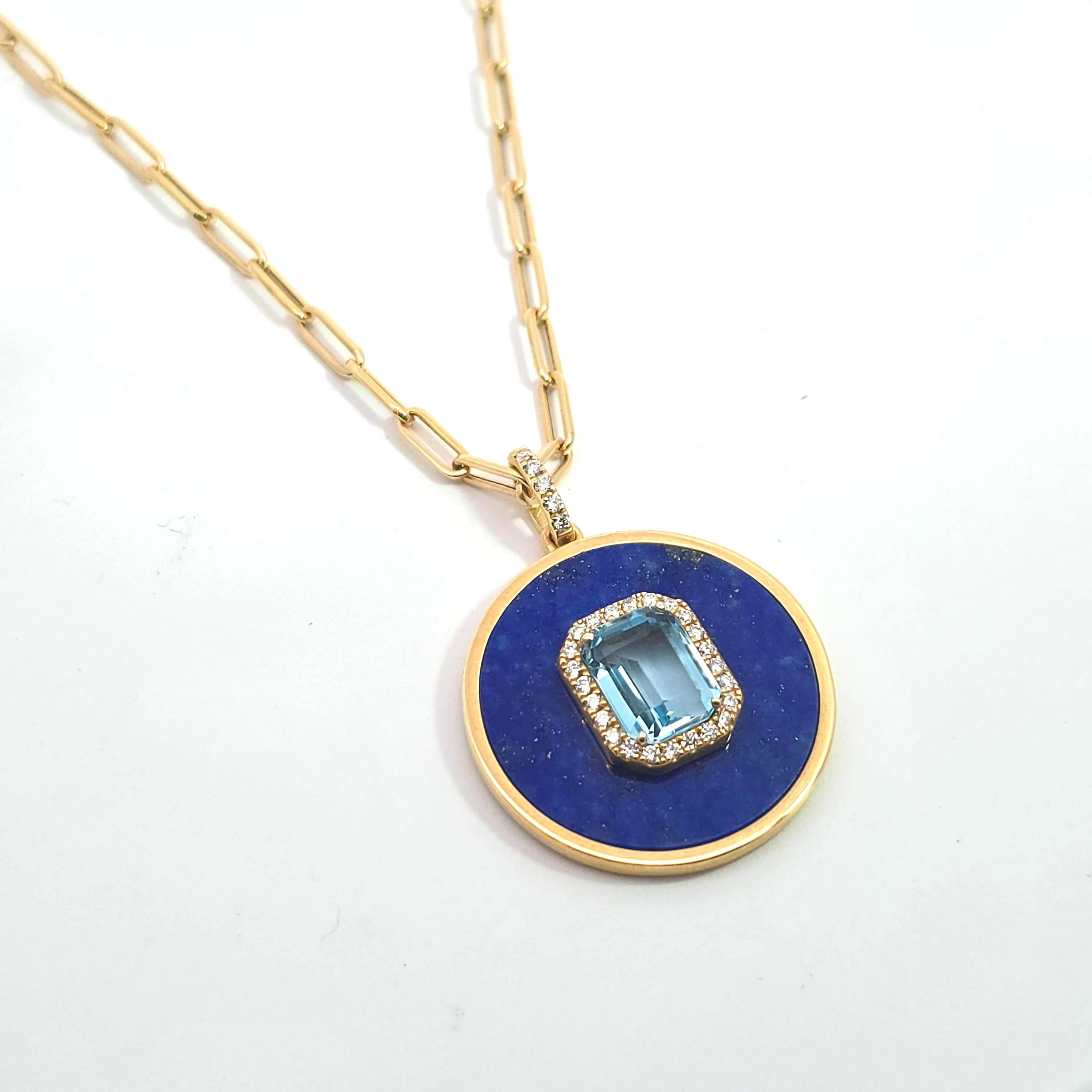 Yellow Gold Pendant Necklace With Topaz, Lapis, Diamond Stones