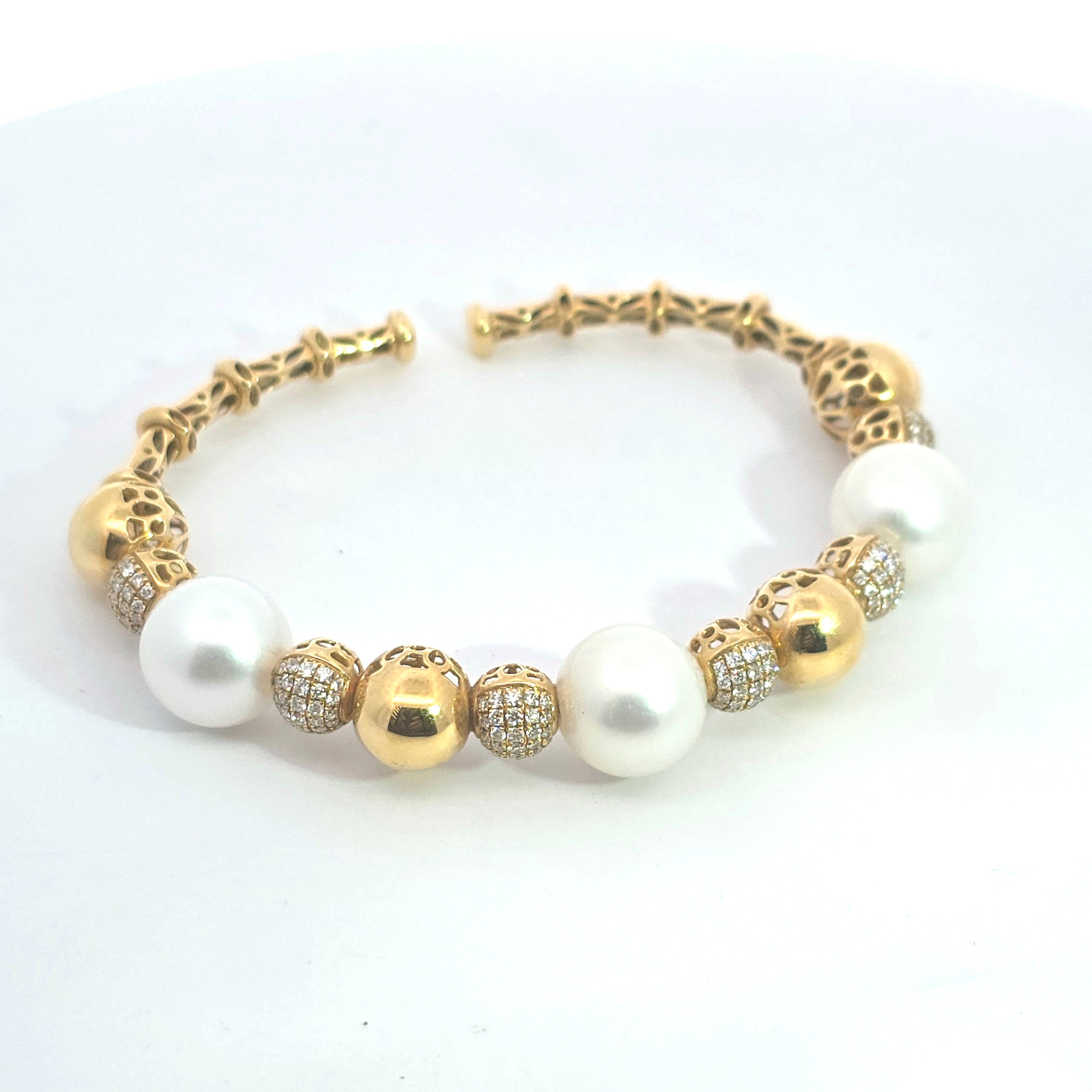 Yellow Gold Bangle Bracelet With Pearl, Diamond Stones
