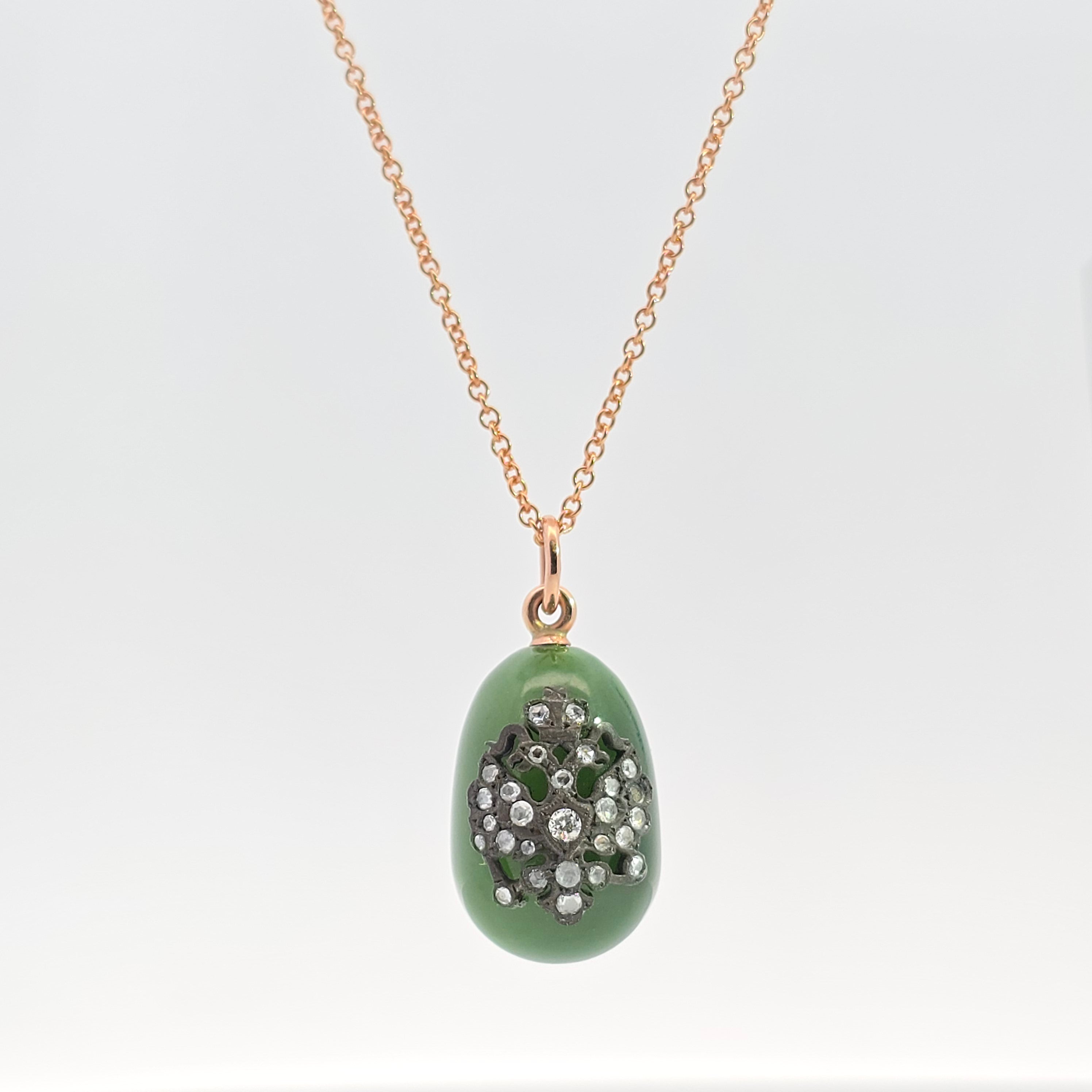 Rose Gold Pendant Chain Necklace With Jade, Diamond Stones