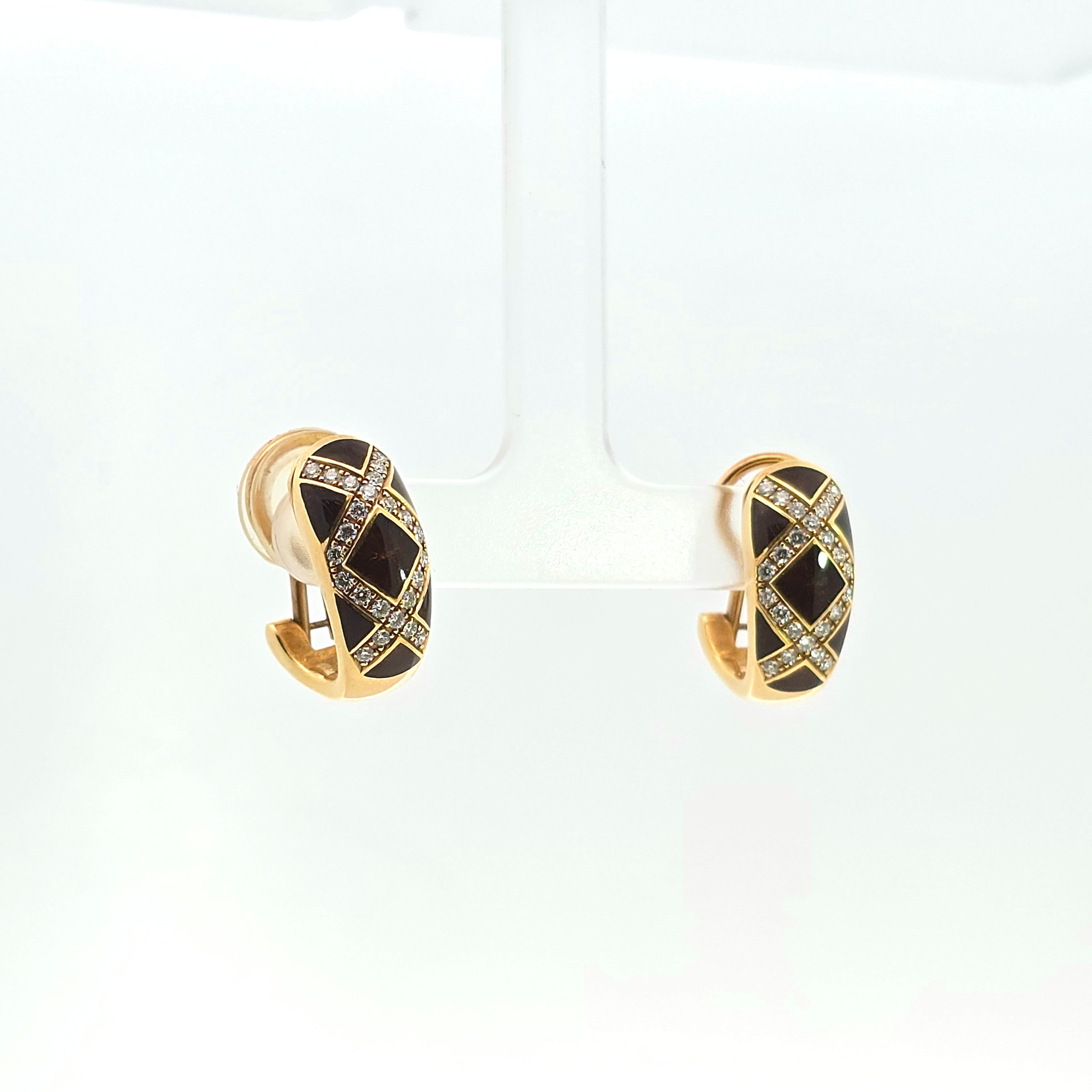 Yellow Gold Huggie Earrings With Enamel, Diamond Stones