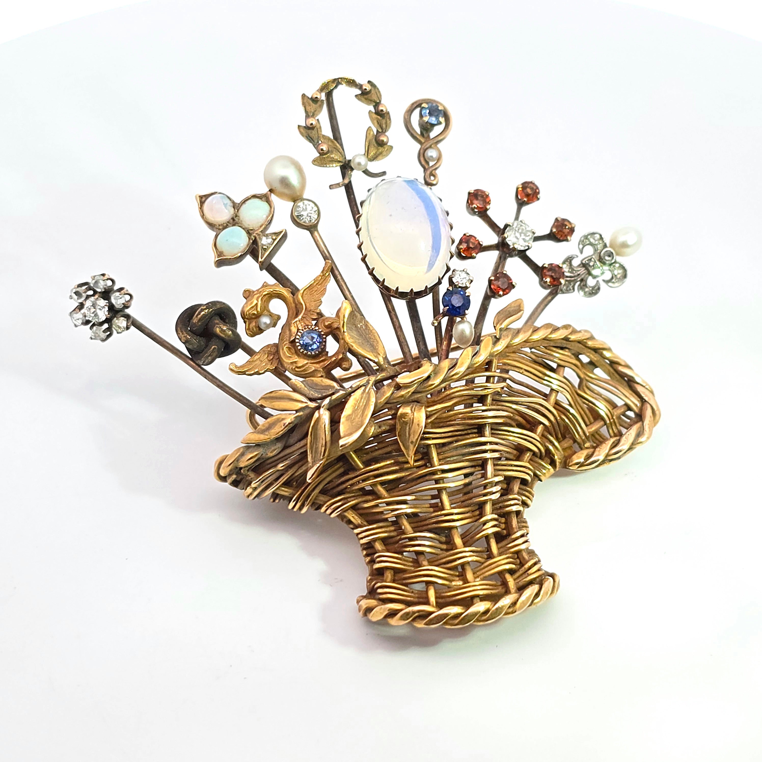 Yellow Gold  Brooch With Amethyst, Opal, Sapphire, Pearl Stones