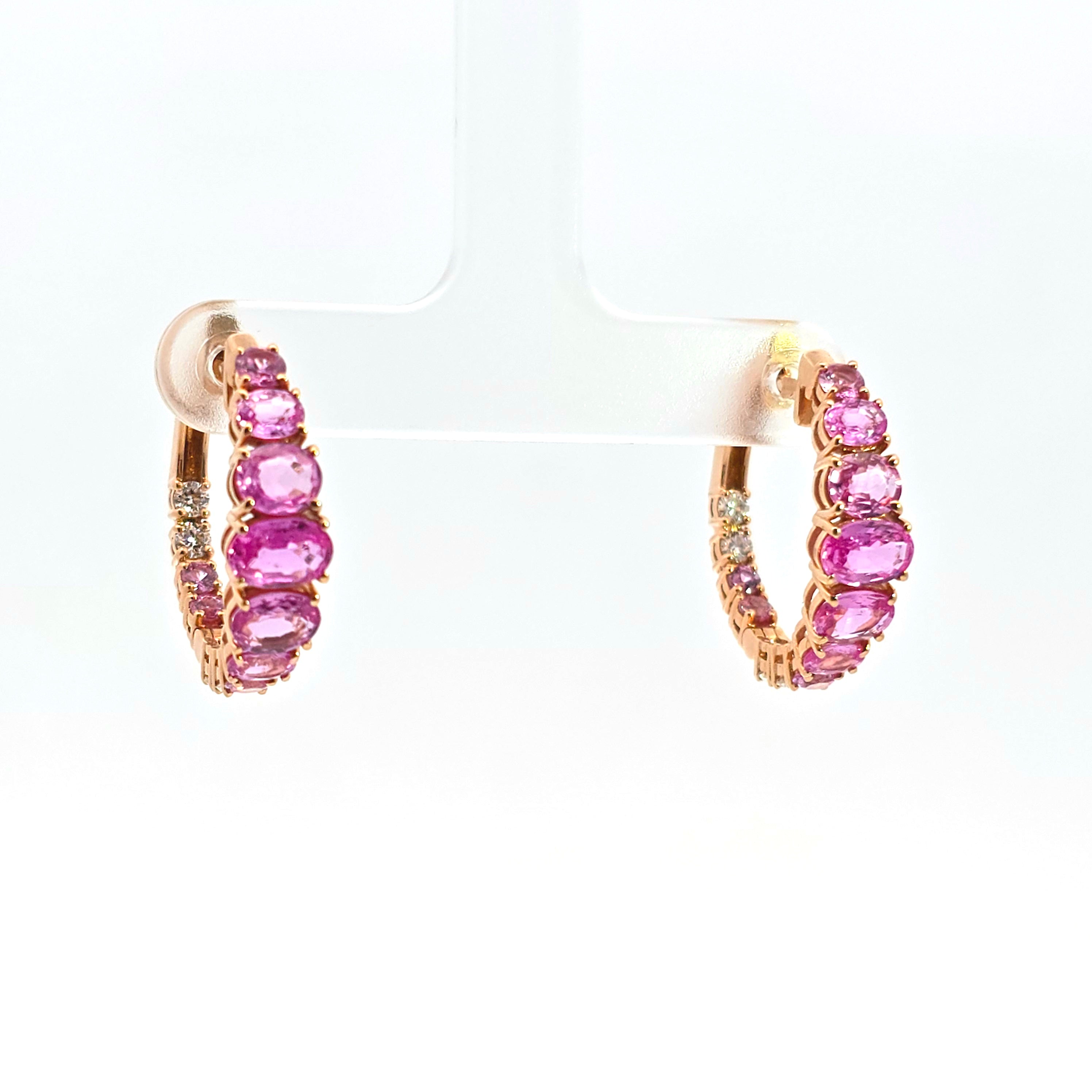 Rose Gold Hoop Earrings With Sapphire, Diamond Stones