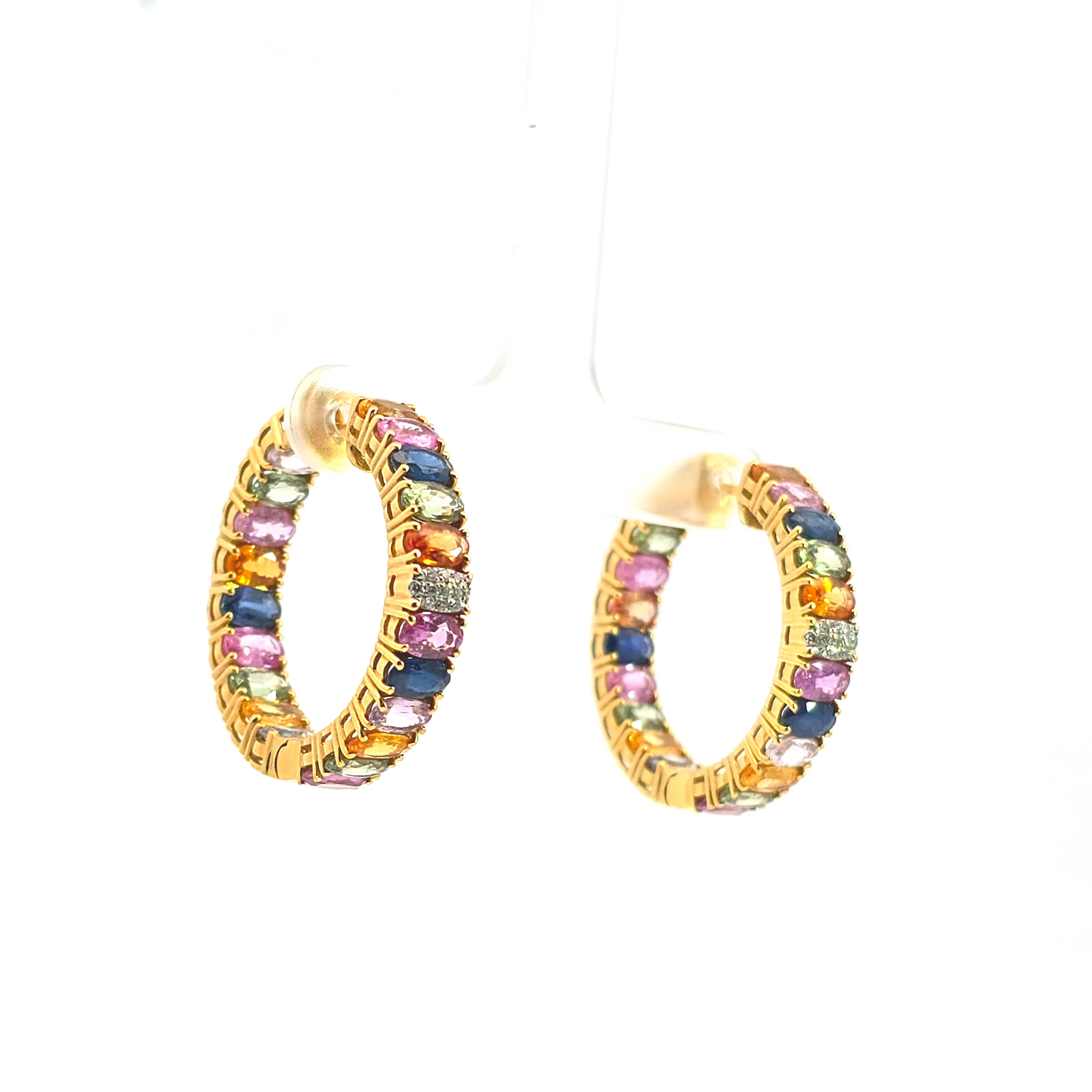 Yellow Gold Hoop Earrings With Sapphire Stones