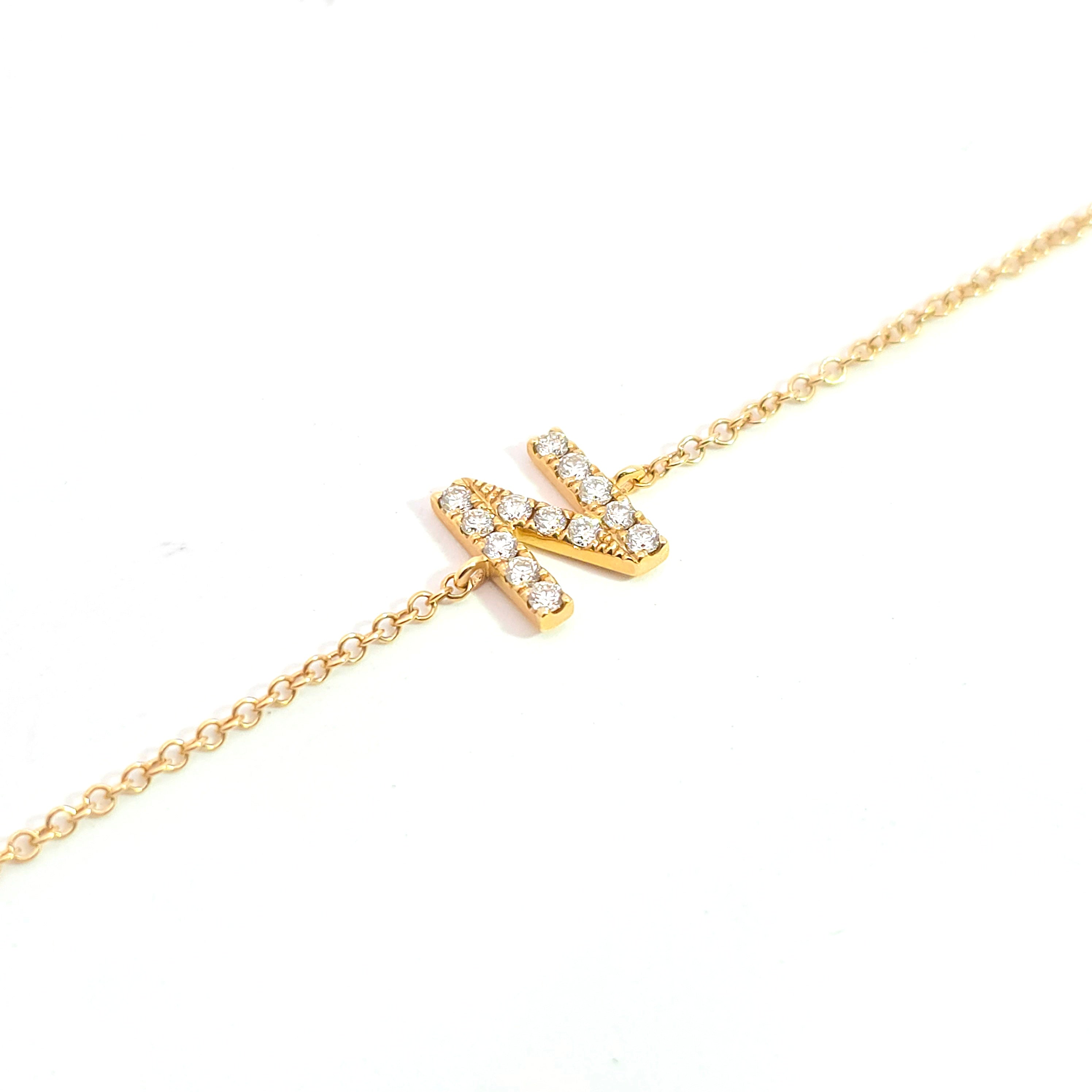 Yellow Gold Chain Initial Bracelet With Diamond Stones