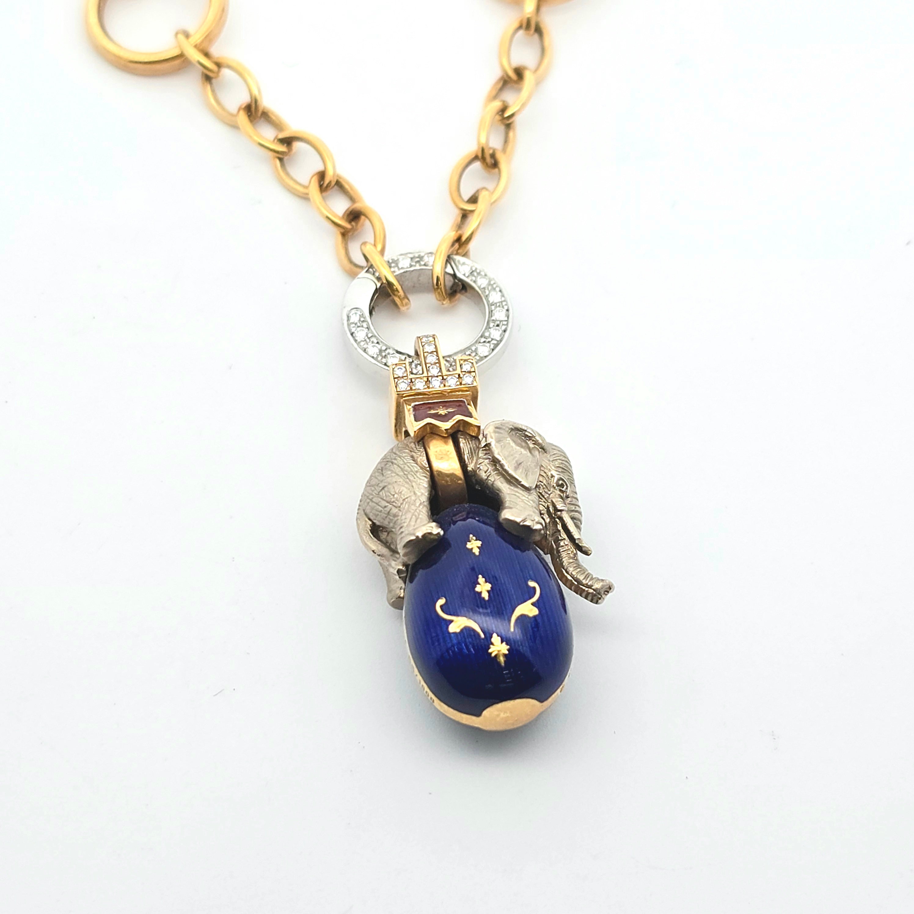 Yellow Gold Pendant Chain Necklace With Enamel, Diamond Stones
