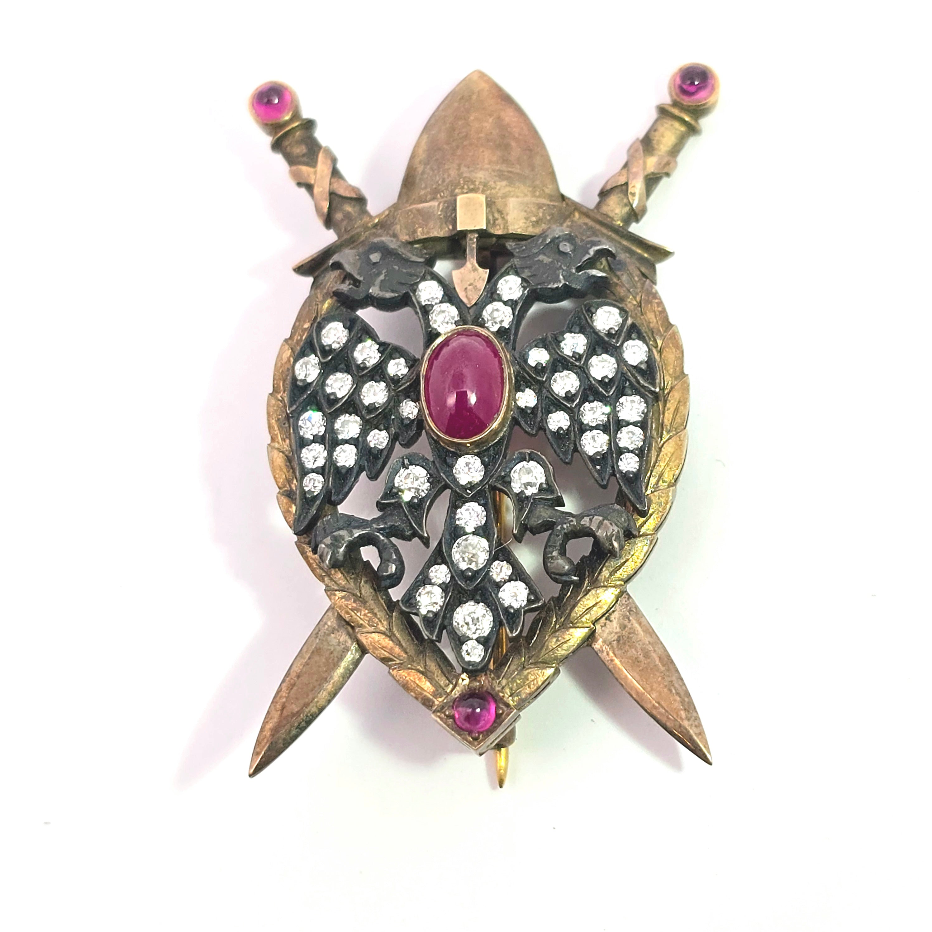 Yellow Gold  Brooch With Ruby, Diamond, Enamel Stones
