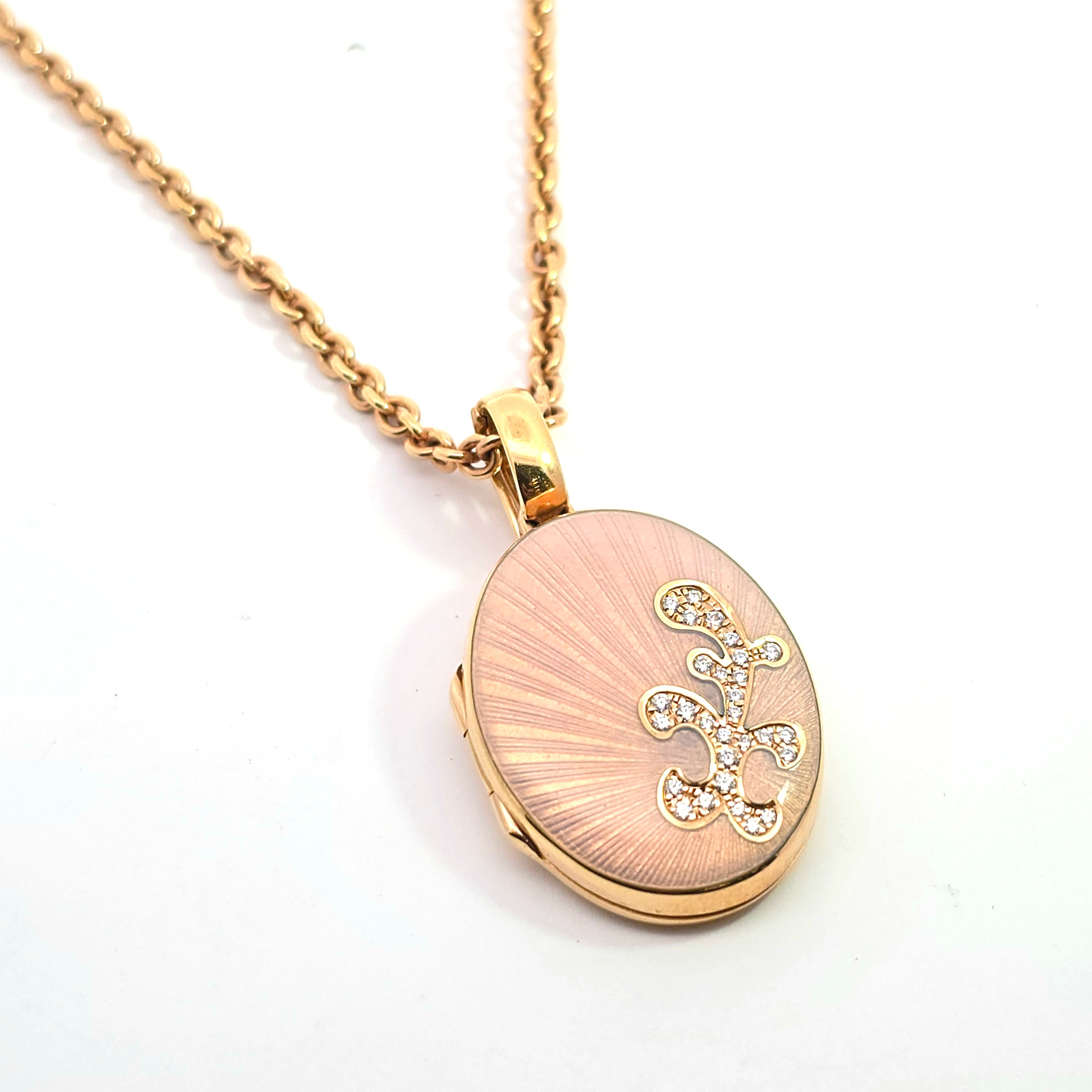 Yellow Gold Pendant Chain Necklace With Enamel, Diamond Stones