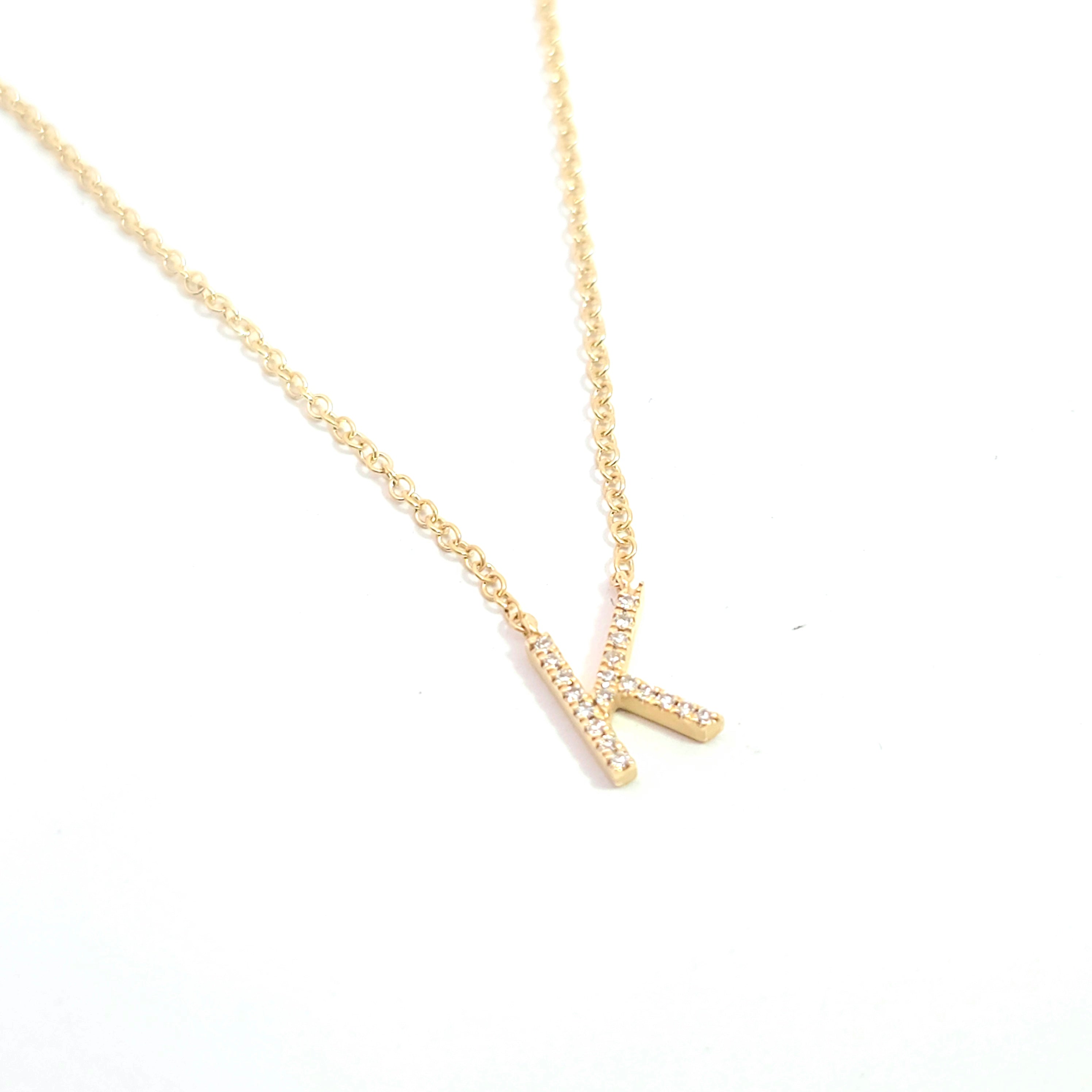 Yellow Gold Pendant Chain Initial Necklace With Diamond Stones