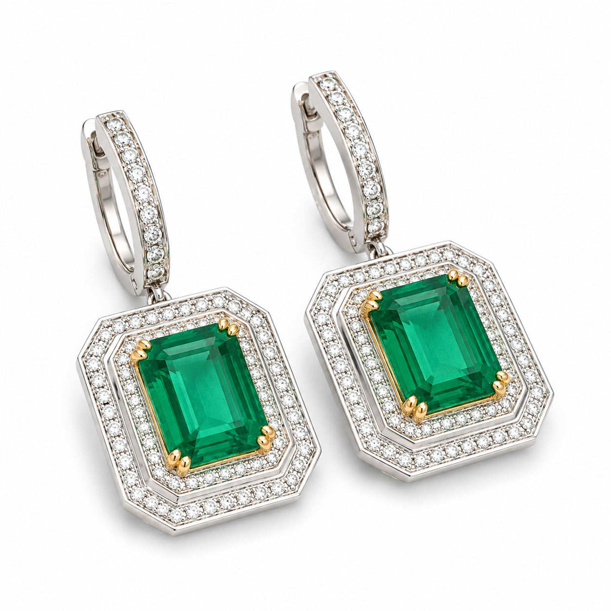 White Gold Emerald and Diamond Earrings